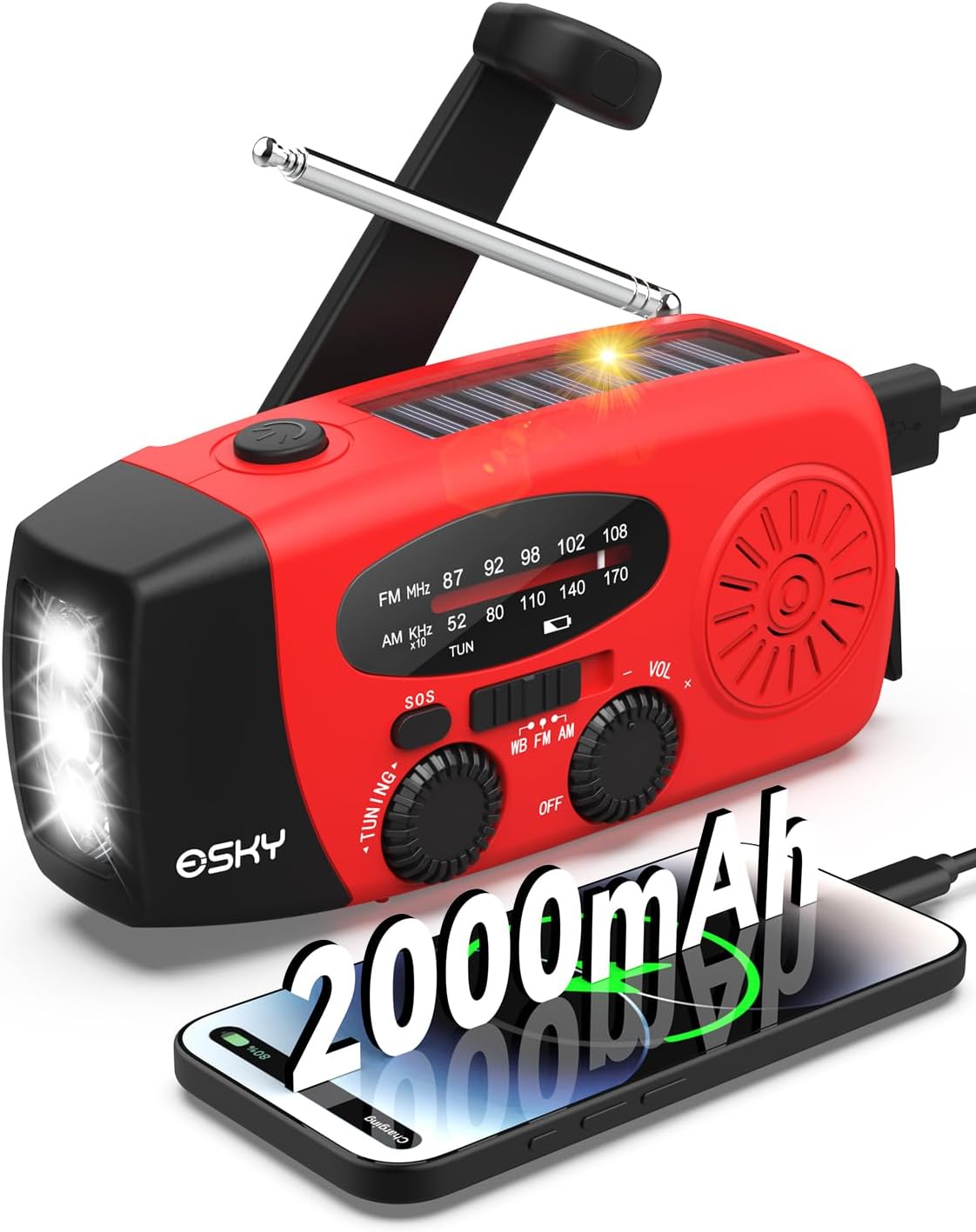 Detalle de Esky Wind Up Radio: Survival Hand Crank Solar AM/FM Weather Radio with 2000mAh USB Power Bank