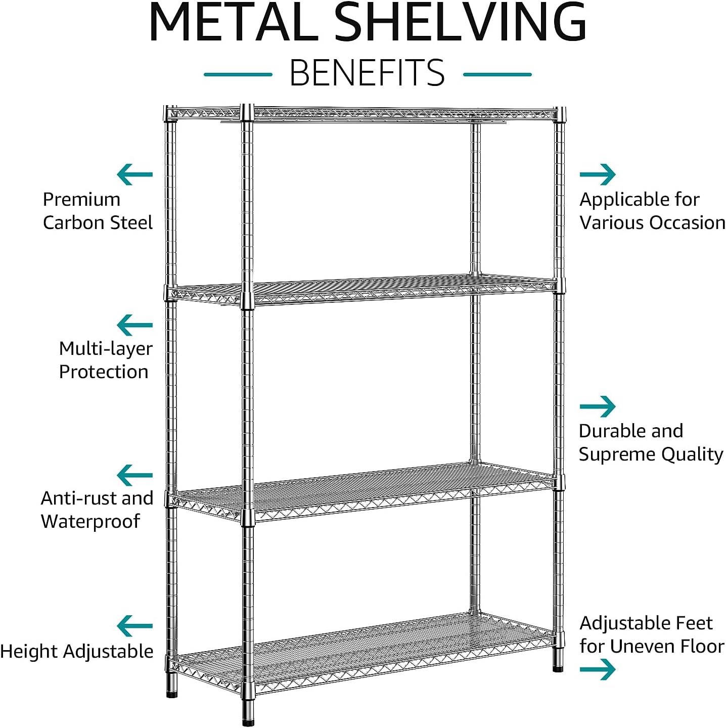 Detalle de IZEUK A45150180BHI401B-HX 4-Tier Adjustable Chrome Metal Shelving Rack