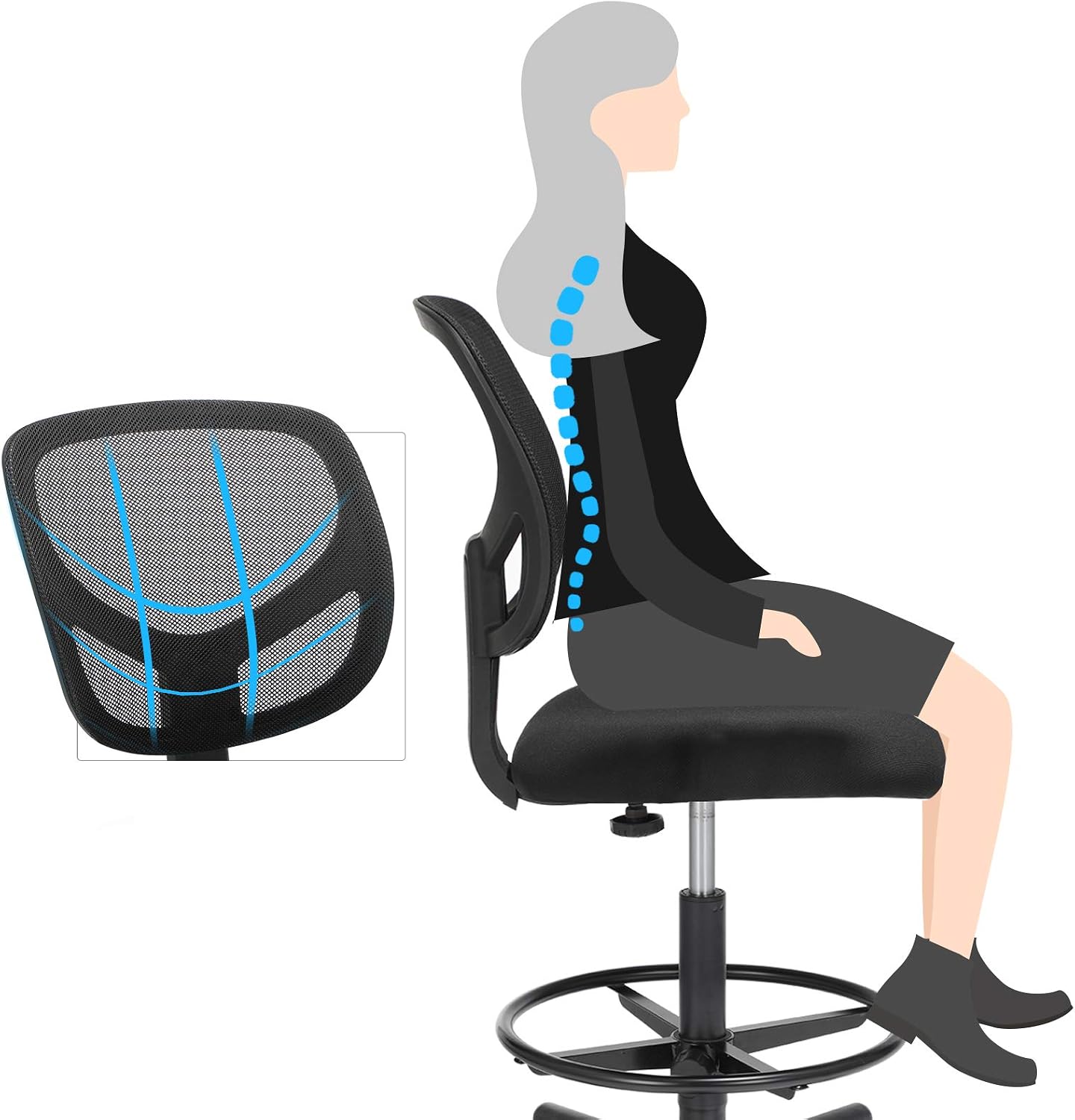Detalle 2 de SONGMICS OBN15BK Sedia a rete ergonomica 120 kg