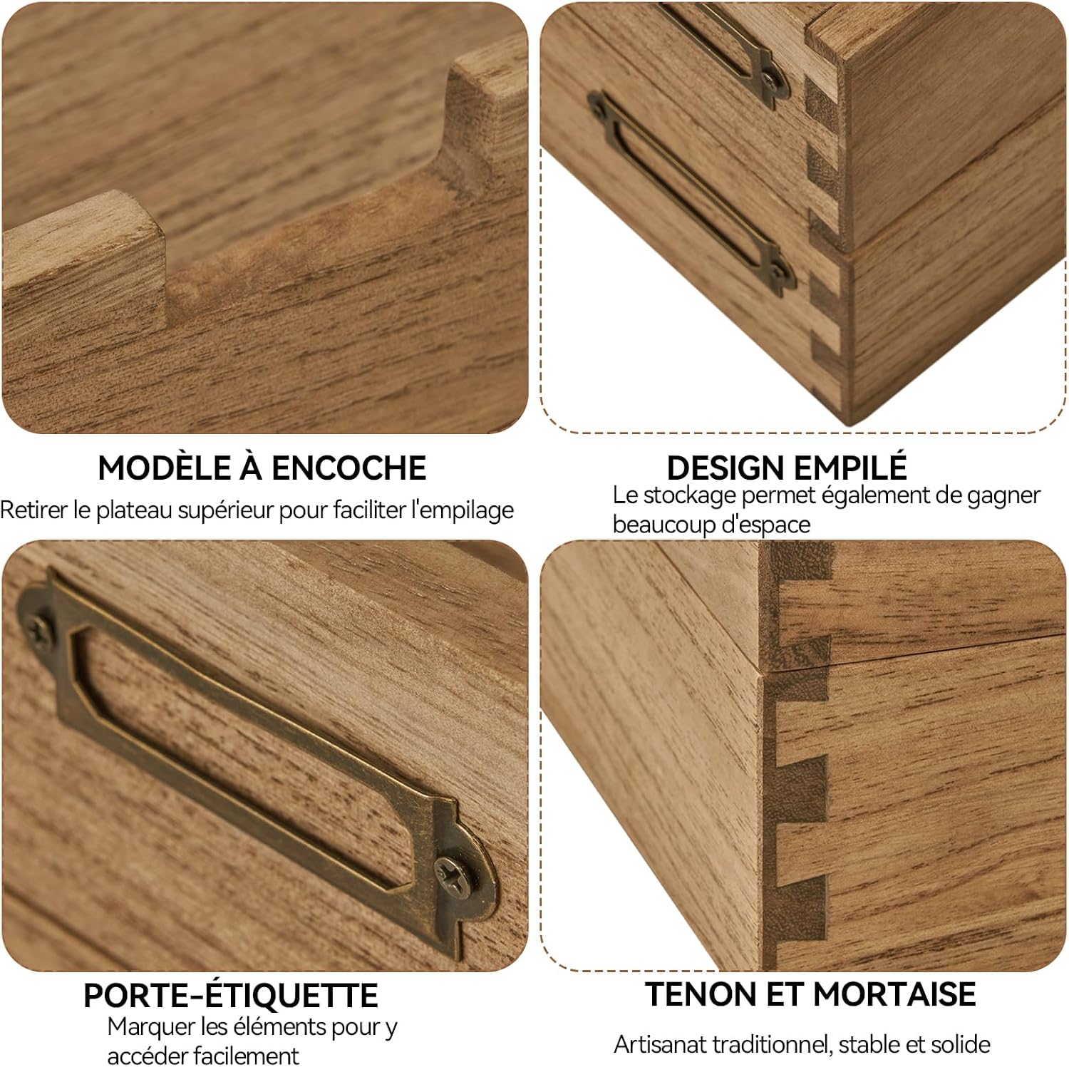 Detalle 1 de KIRIGEN stapelbare houten bureau-organizers, set van 2 met metalen labelhouders