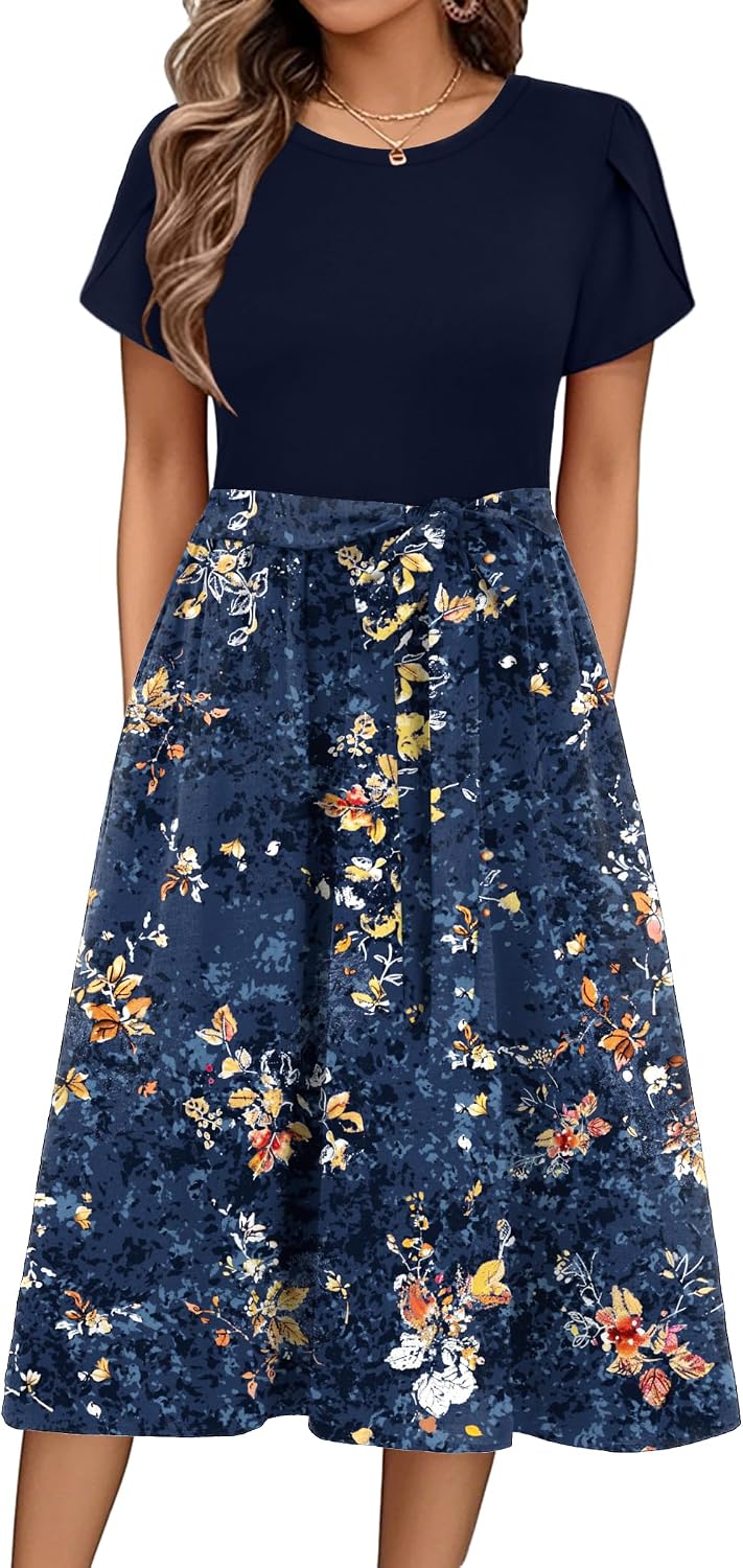 Thumbnail 6 de ZEAGOO Sommerkleid Damen – Elegant Midikleid mit Rundhalsausschnitt, A-Linien-Schnitt und Blumendruck