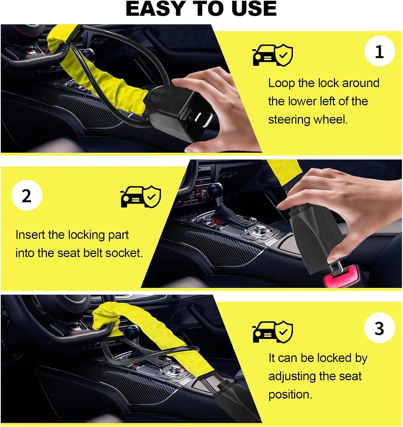 Detalle de Universal Car Steering Wheel Lock with High-Visibility Seat Belt Lock — 3 Keys, Upgraded Aluminium Head, 17" Cable, Yellow