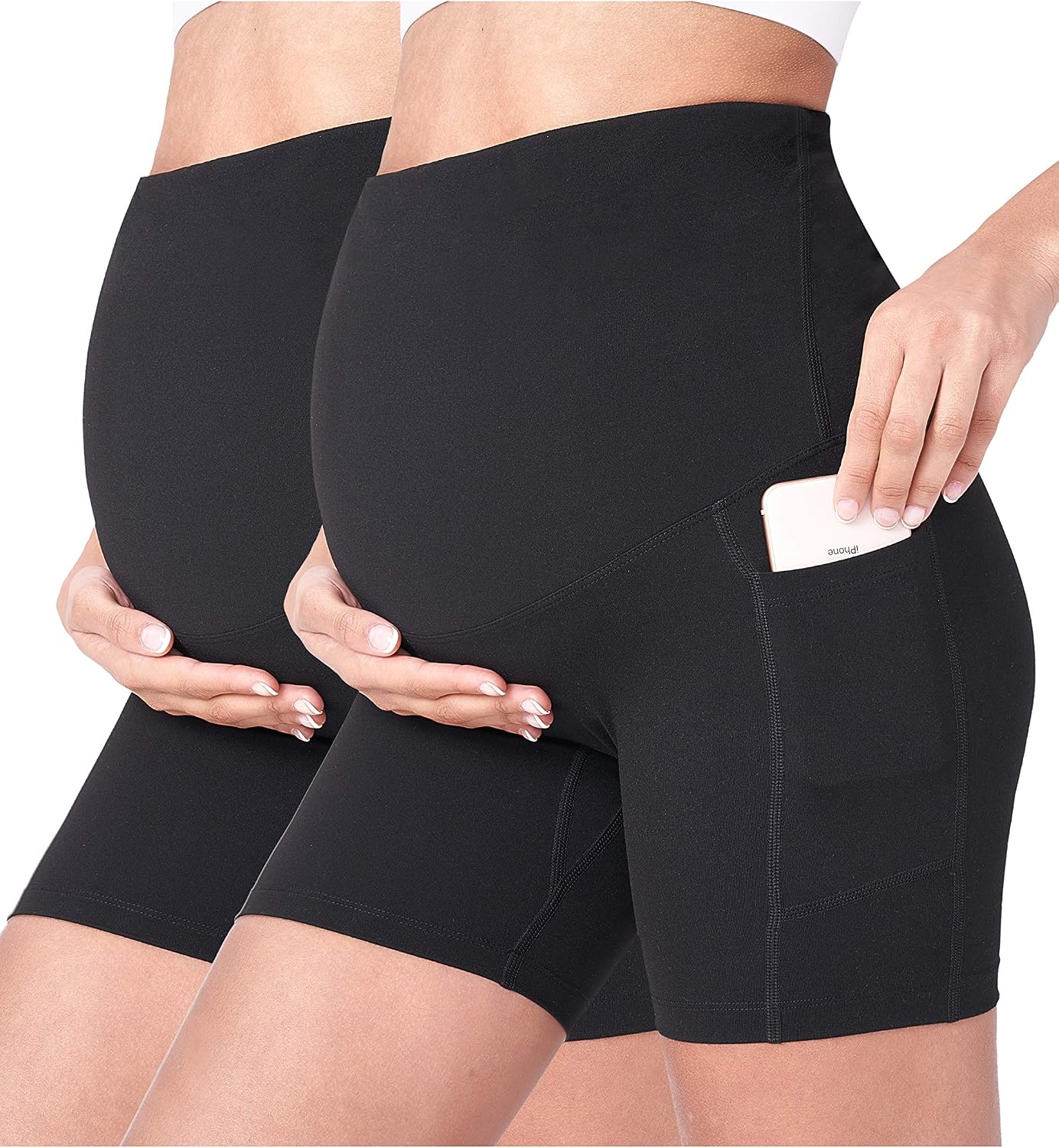 Detalle de POSHDIVAH Women's Maternity Yoga Shorts – Over Belly, 5"/8" with Pockets