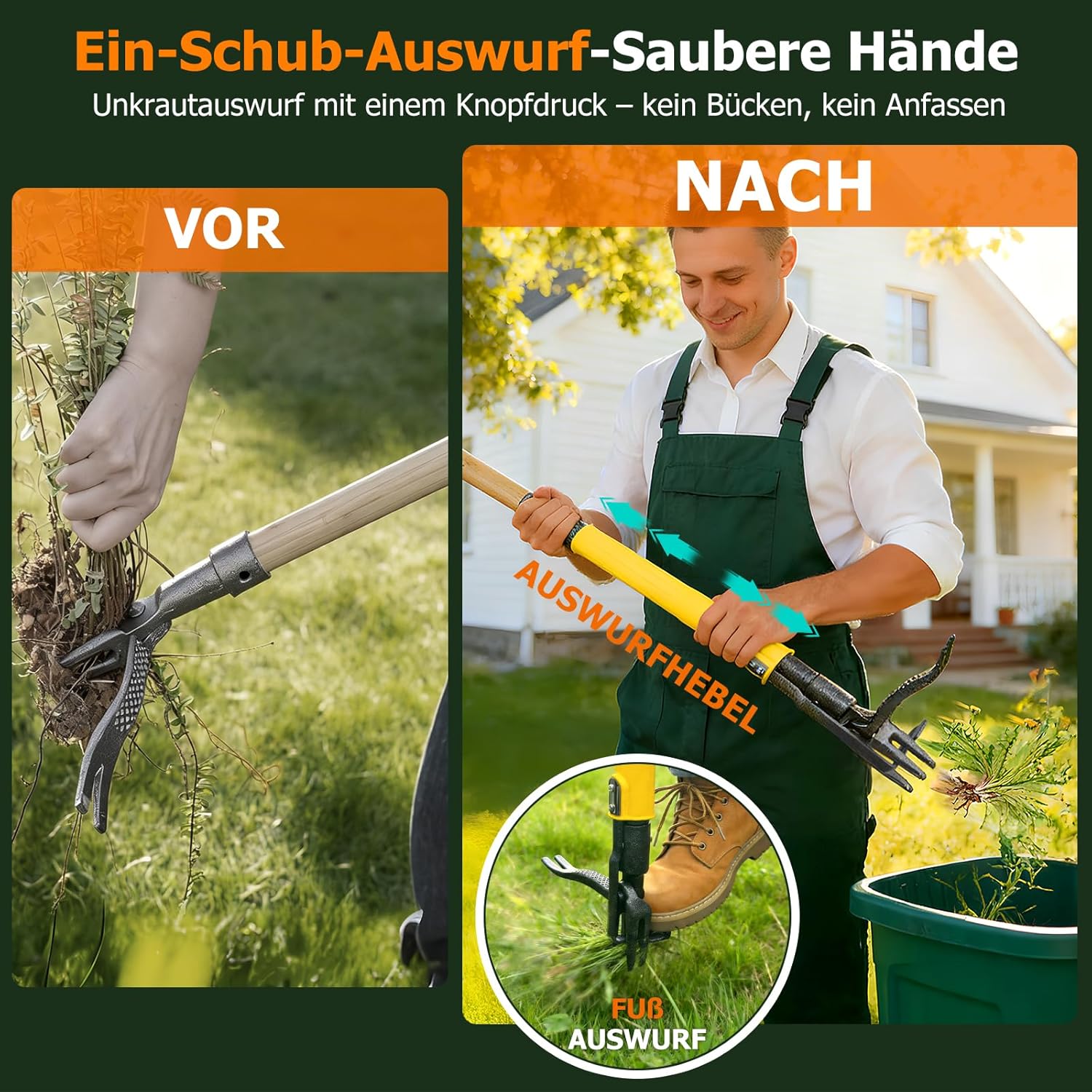 Detalle 2 de CJYMMFAN Unkrautstecher mit langem Stiel und Auswurfmechanismus – Stand-Up Unkrautentferner, 109 cm, 4-Teiliges Holzgriff-Setup