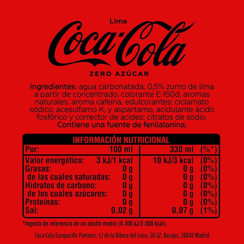 Detalle 2 de Coca-Cola Zero Lima 🥤 Pack 24 latas 330 ml