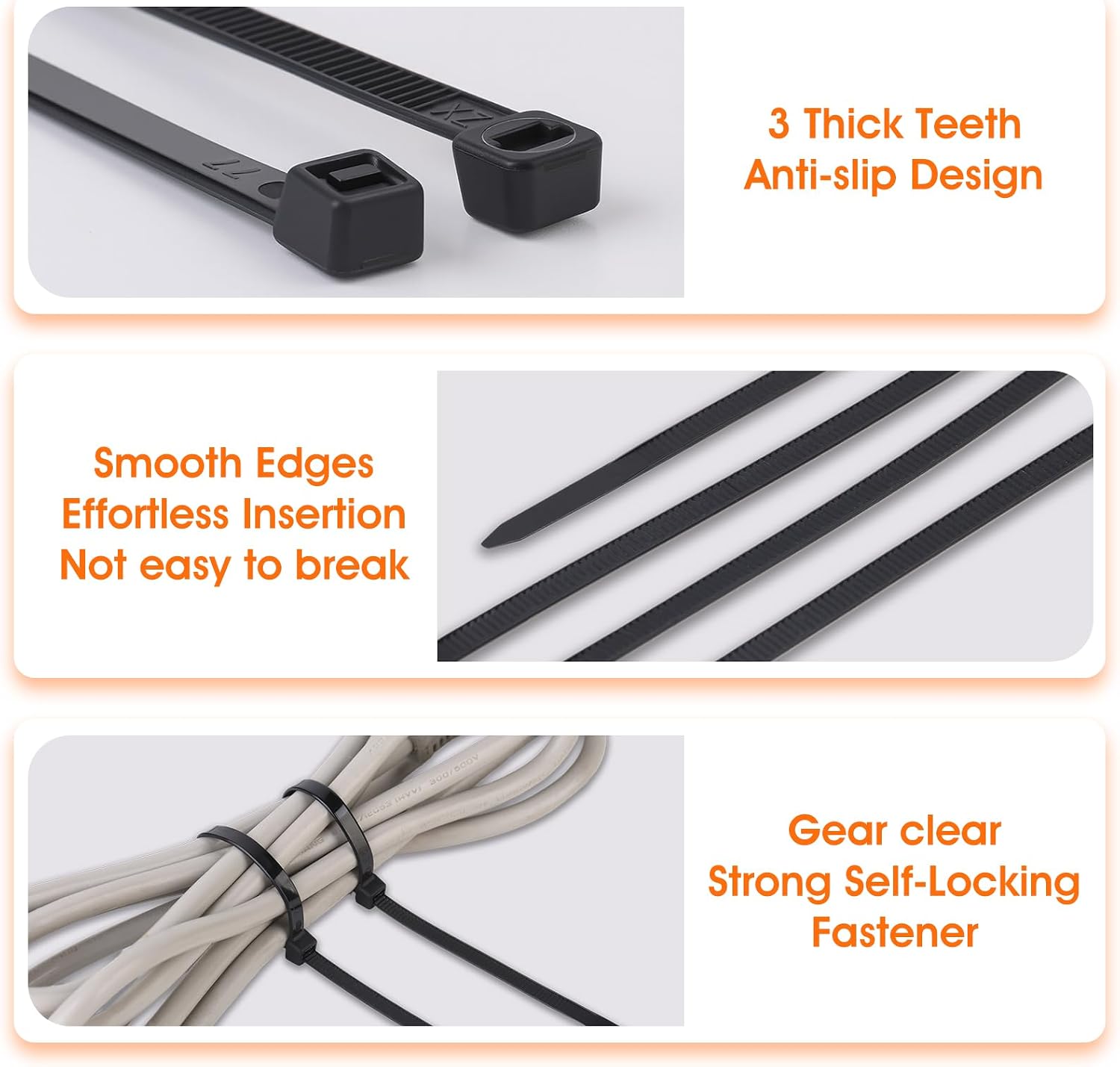 Detalle 2 de Amyu 6-Inch Black Cable Ties (1000 Pack) 150mm Nylon Zip Ties, 40lb UV-Resistant