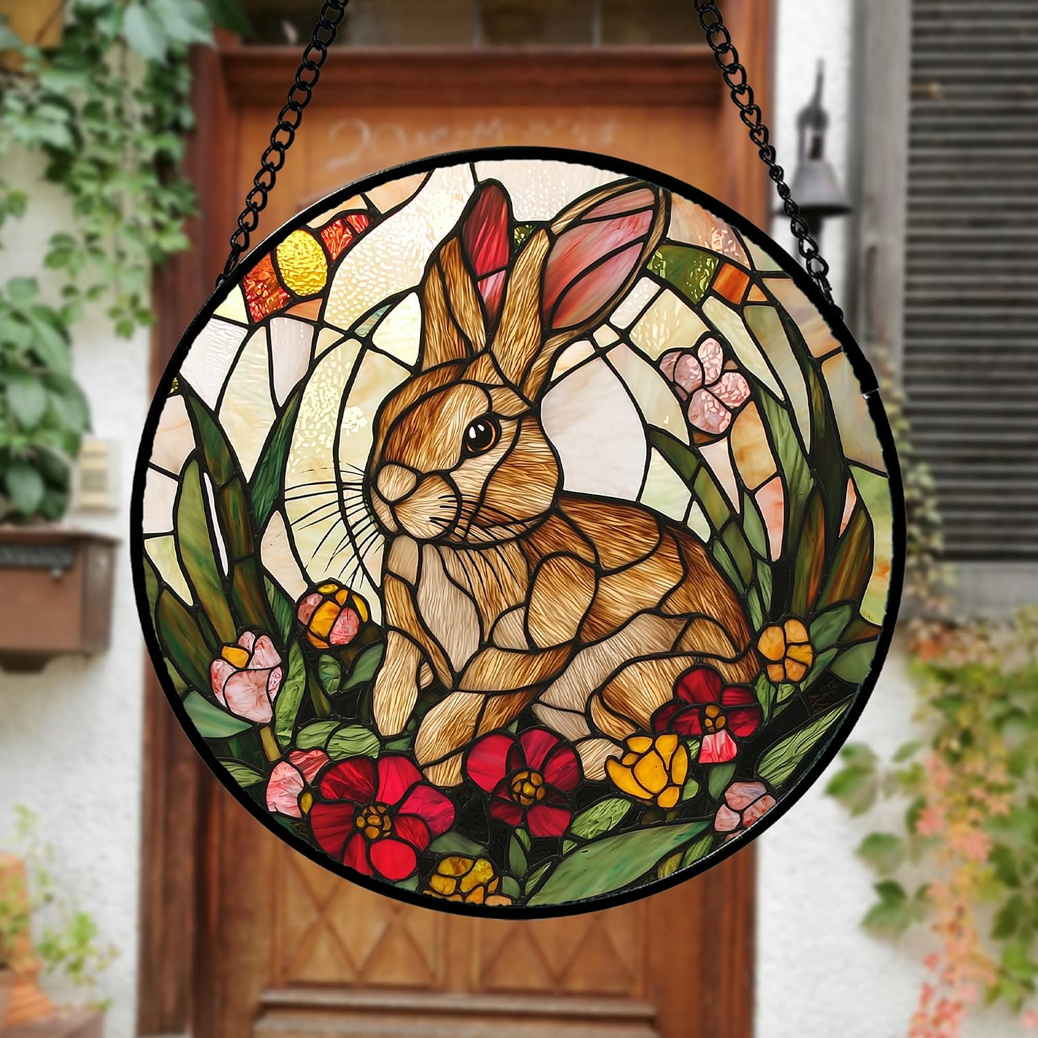 Detalle de AMDERVEN 6.3-Inch Rabbit Glass Window Hanging, Green and Brown Suncatcher