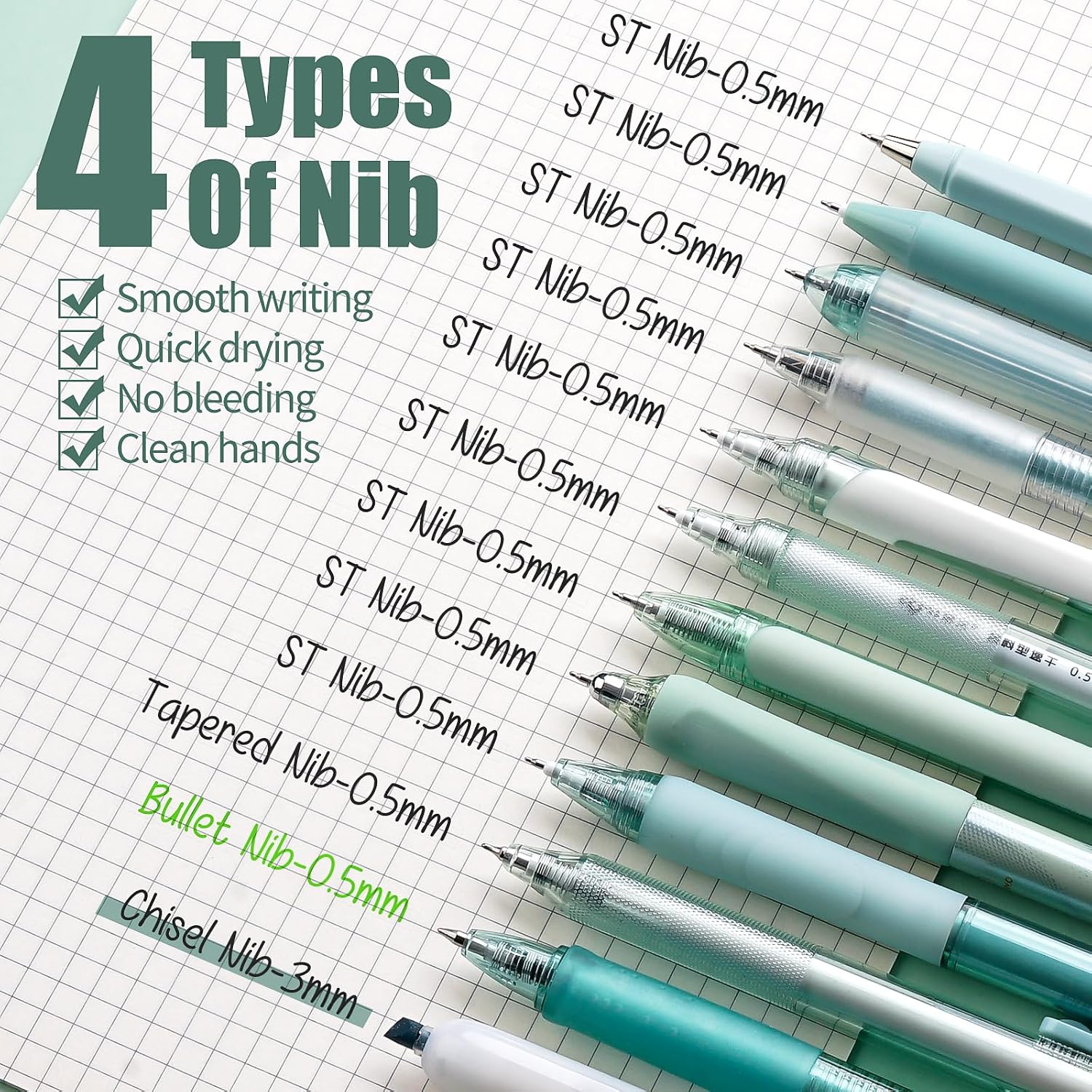 Detalle 2 de Four Candies Gel Pen Set (Forest Series) – 0.5mm fine tip retractable pens with black & green ink and highlighter, pack of 12