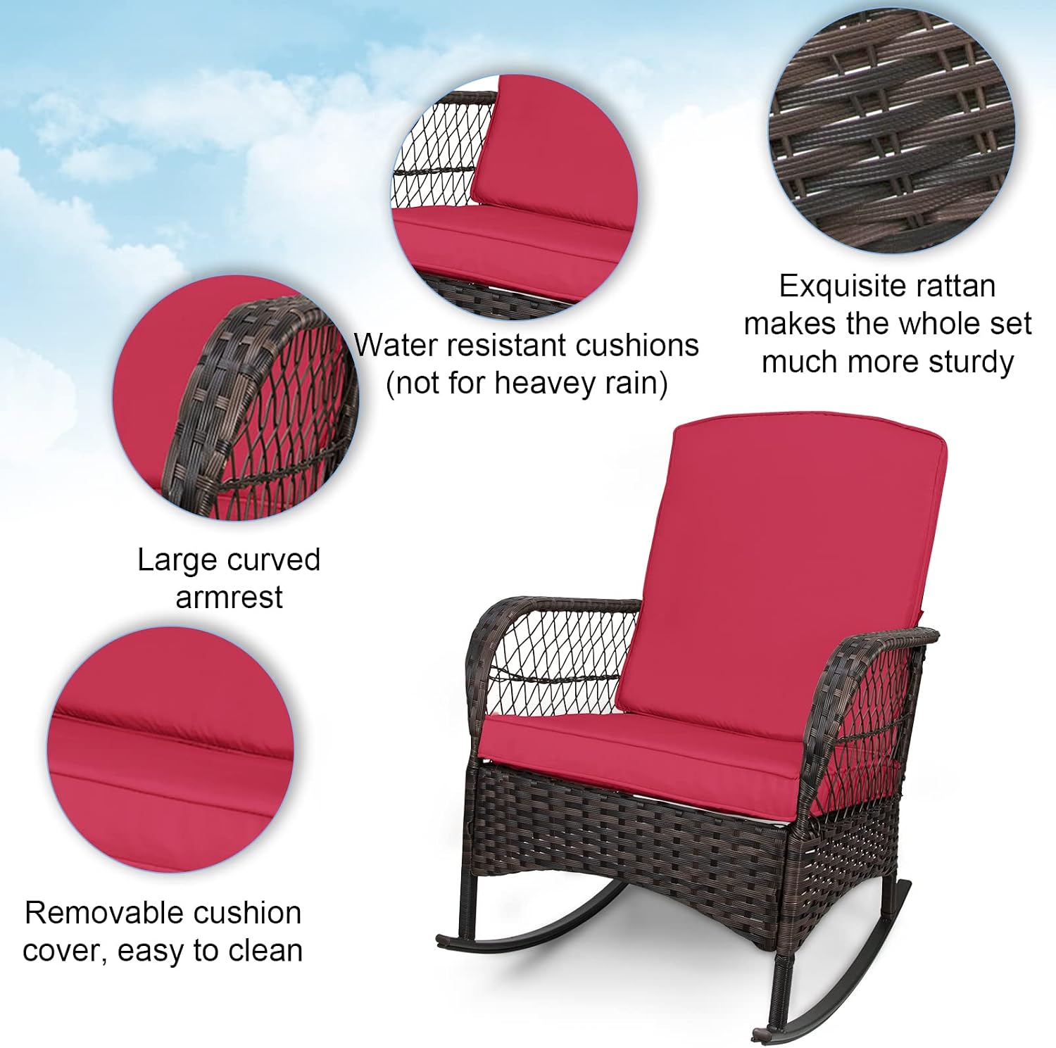 Detalle de LEVELEVE 002 3-Piece Red Rocking Bistro Set with PE Wicker Chairs & Glass Table