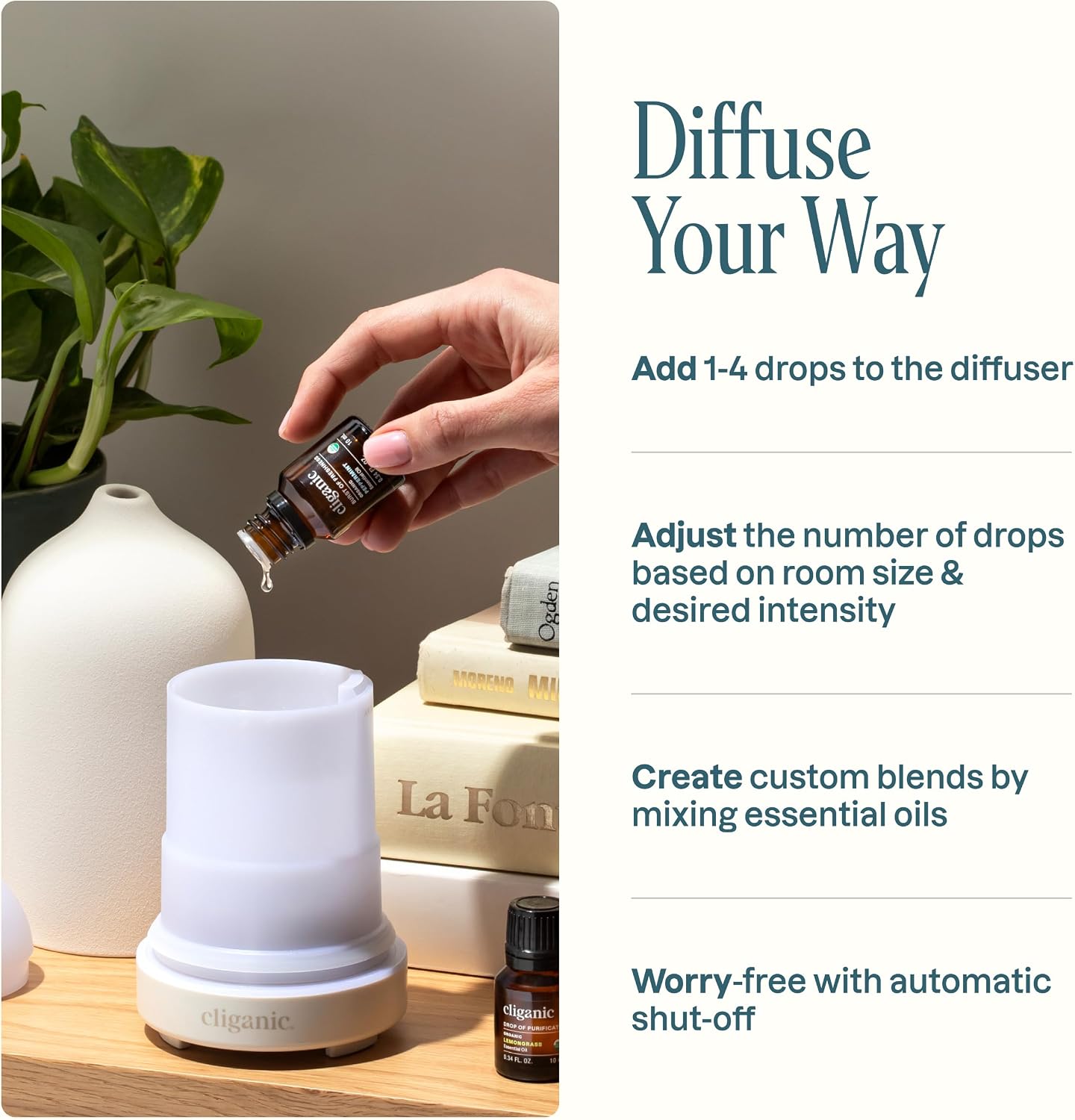 Detalle de Cliganic Signature Essential Oils Diffuser Set: White Ceramic Diffuser with LED and Peppermint, Lavender, Tea Tree & Orange Oils