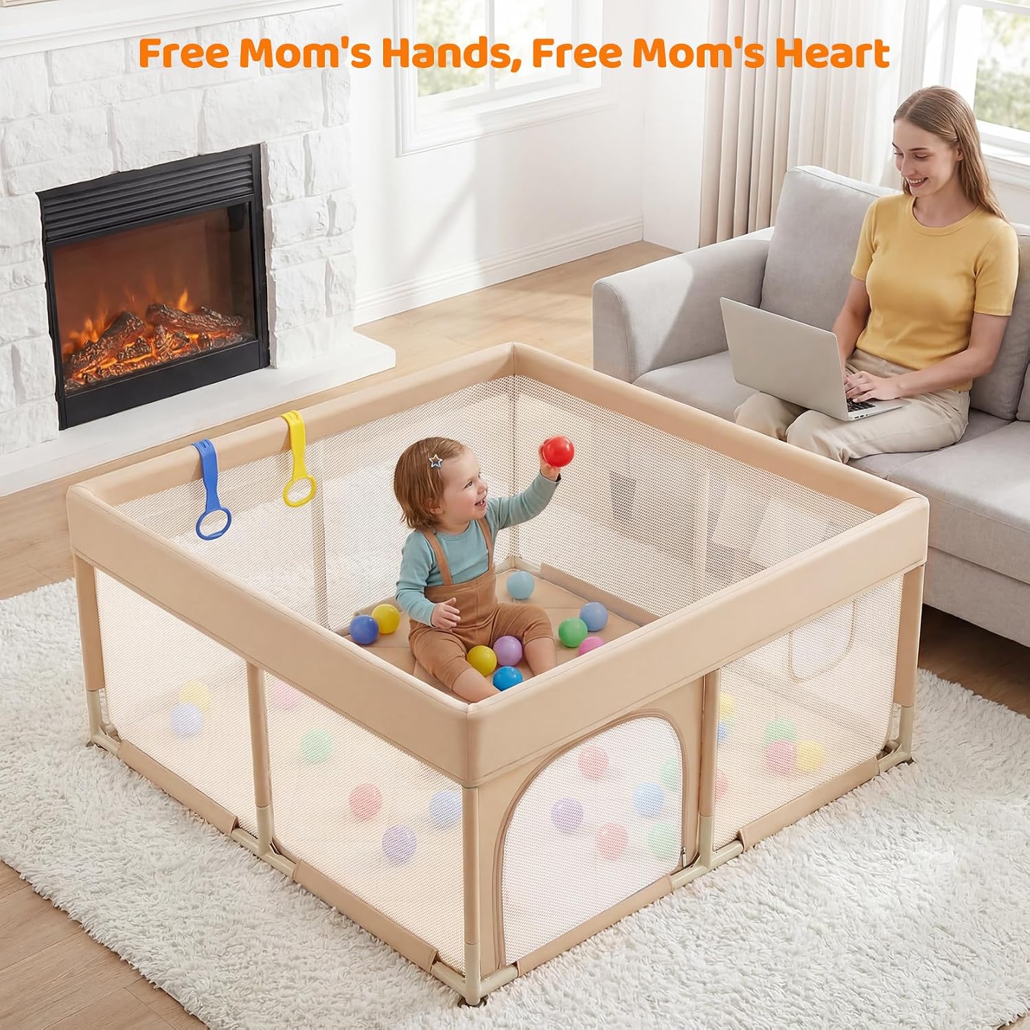 Thumbnail 5 de Dripex 124 x 124 cm Baby Playpen with Mat, Mesh Sides, Beige