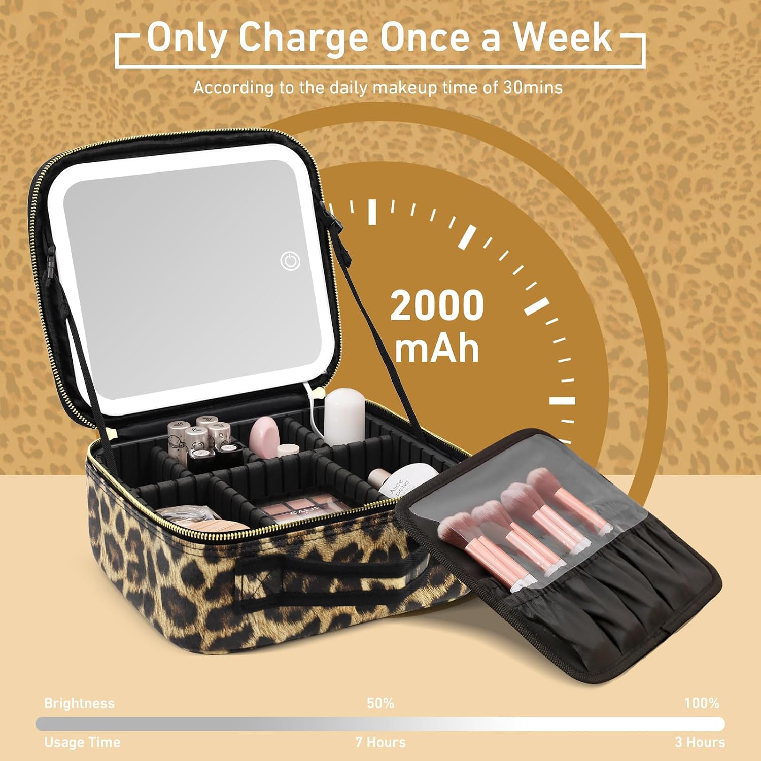 Thumbnail 2 de Makeup Bag with Light Up Mirror – Leopard, Travel Case with Adjustable Brightness