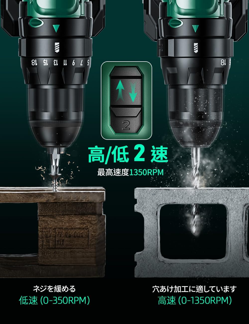 Detalle de KIMO 電動ドリルドライバー 20V・バッテリー2個付き、18段階トルク調整・2段変速