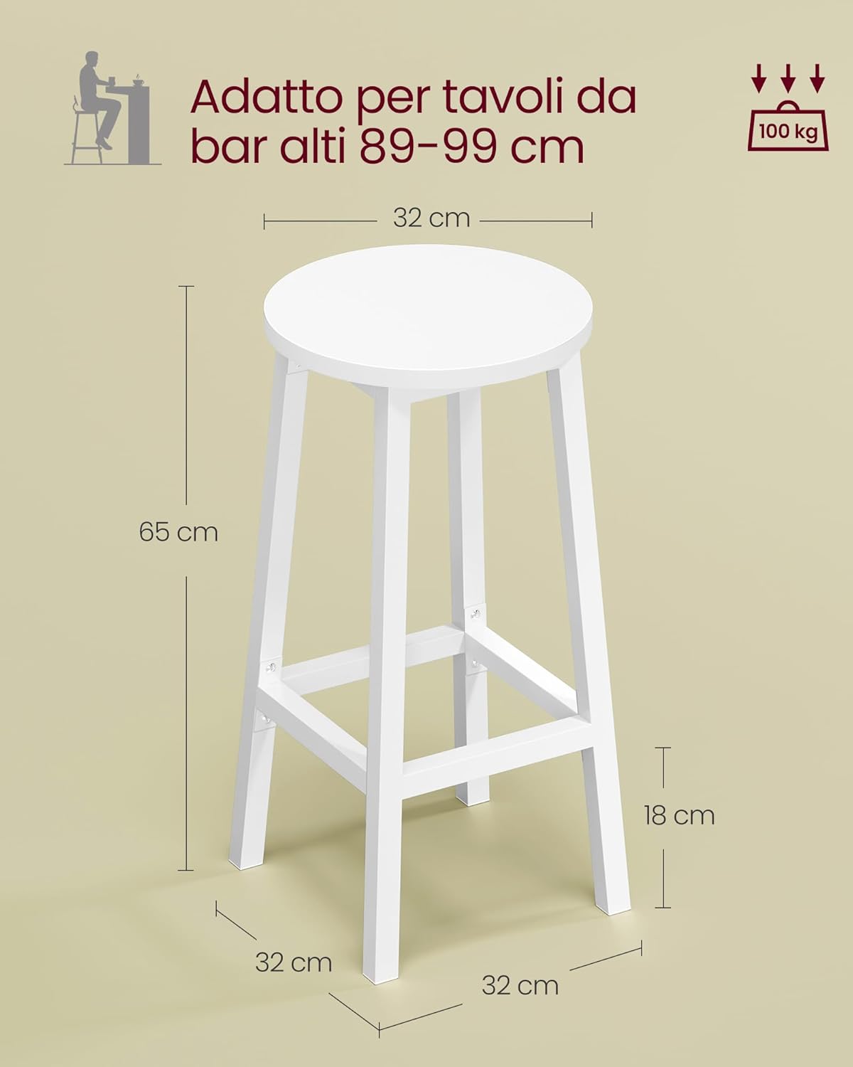 Detalle de VASAGLE Set di 2 Sgabelli da Bar LBC032WB01: bianco con poggiapiedi, montaggio semplice
