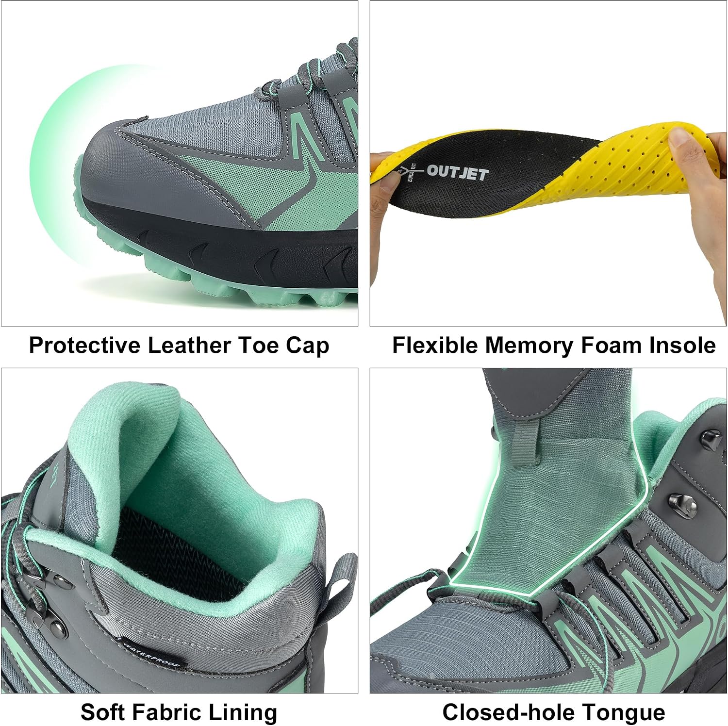 Detalle de OUTJET Women's Waterproof Hiking Boots: Lightweight, Non-Slip Comfort for Outdoor Treks
