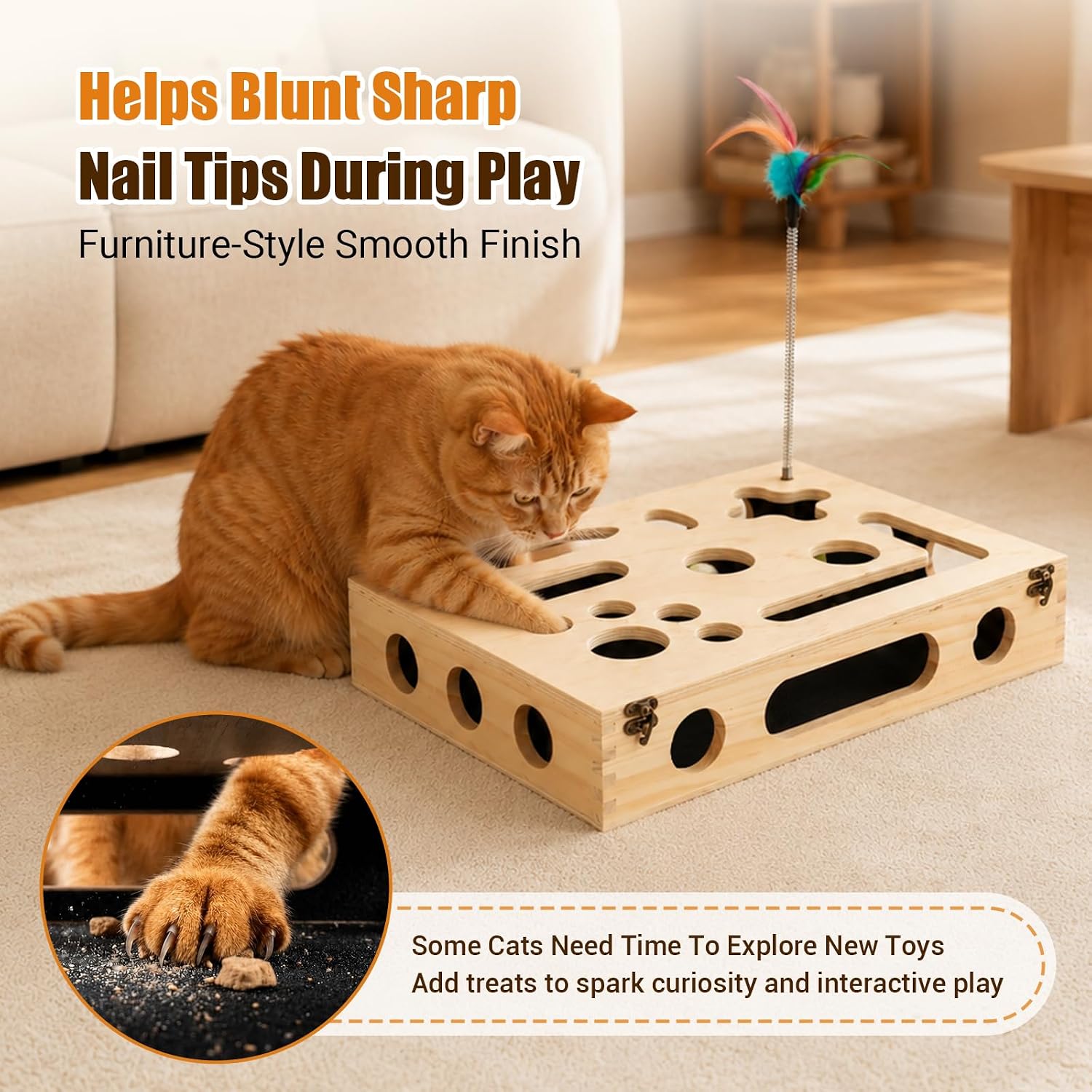 Detalle de UOPON CNFSB-0001 Cat Scratch Puzzle Box with Sandpaper, Feather Wands & Bell Balls