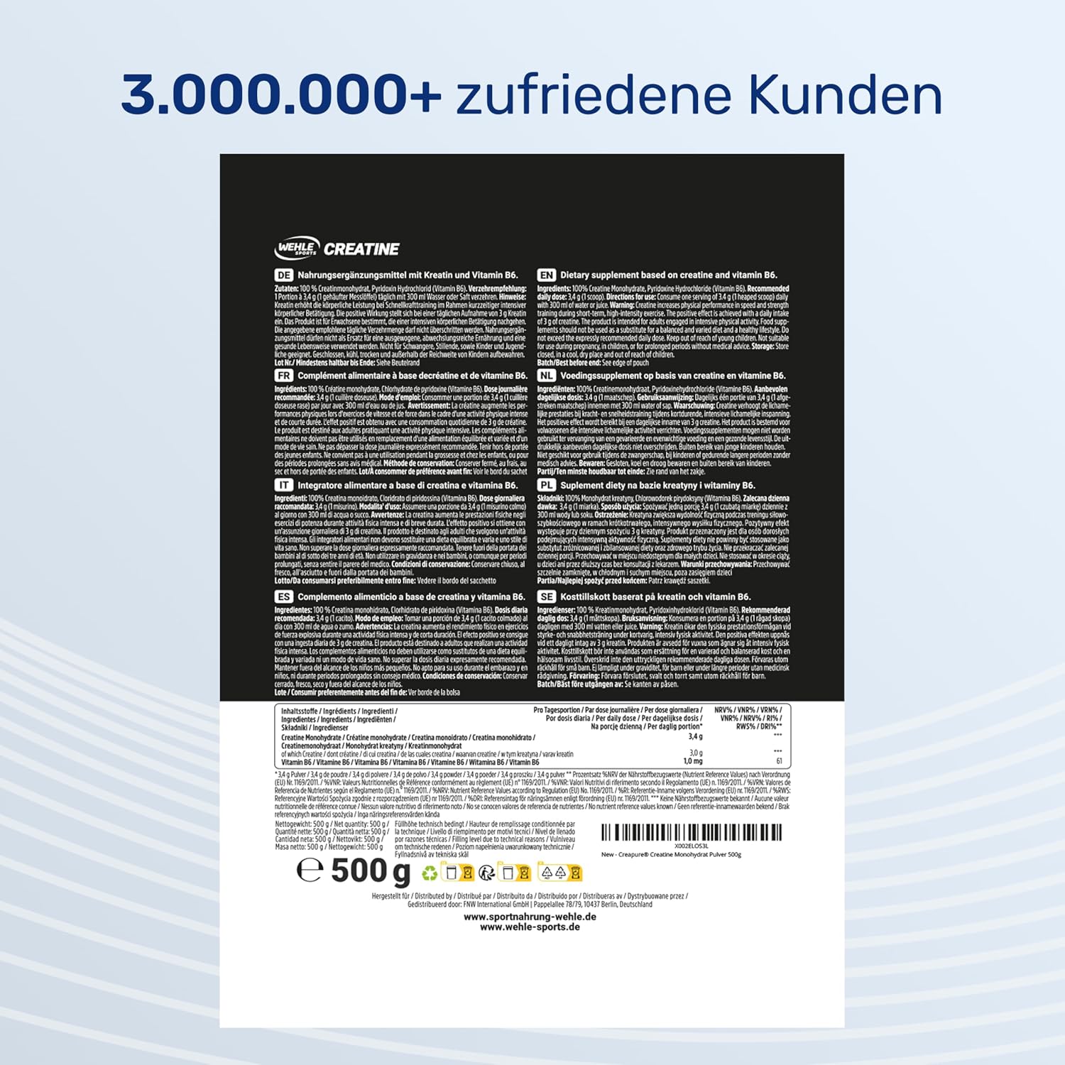Detalle de Creapure® Creatine Monohydrat Pulver 500 g – Hochdosiert, vegan, in Deutschland abgefüllt
