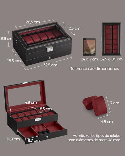 Detalle de SONGMICS Caja de Reloj con Tapa de Cristal, 2 Niveles para 12 Relojes