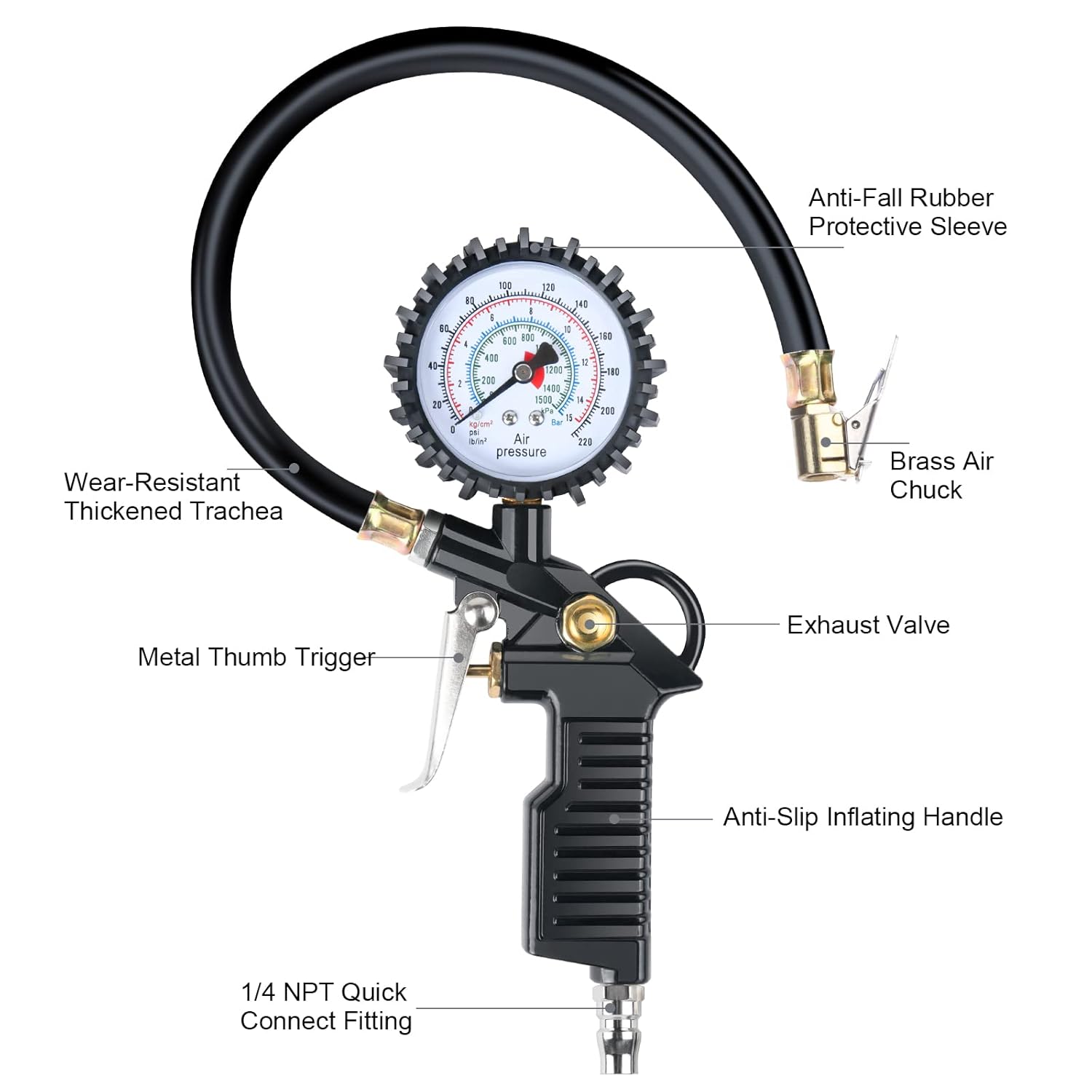 Detalle de VSSHE Tyre Pressure Gauge – 220 PSI with Rubber Hose and Valve Core Tool