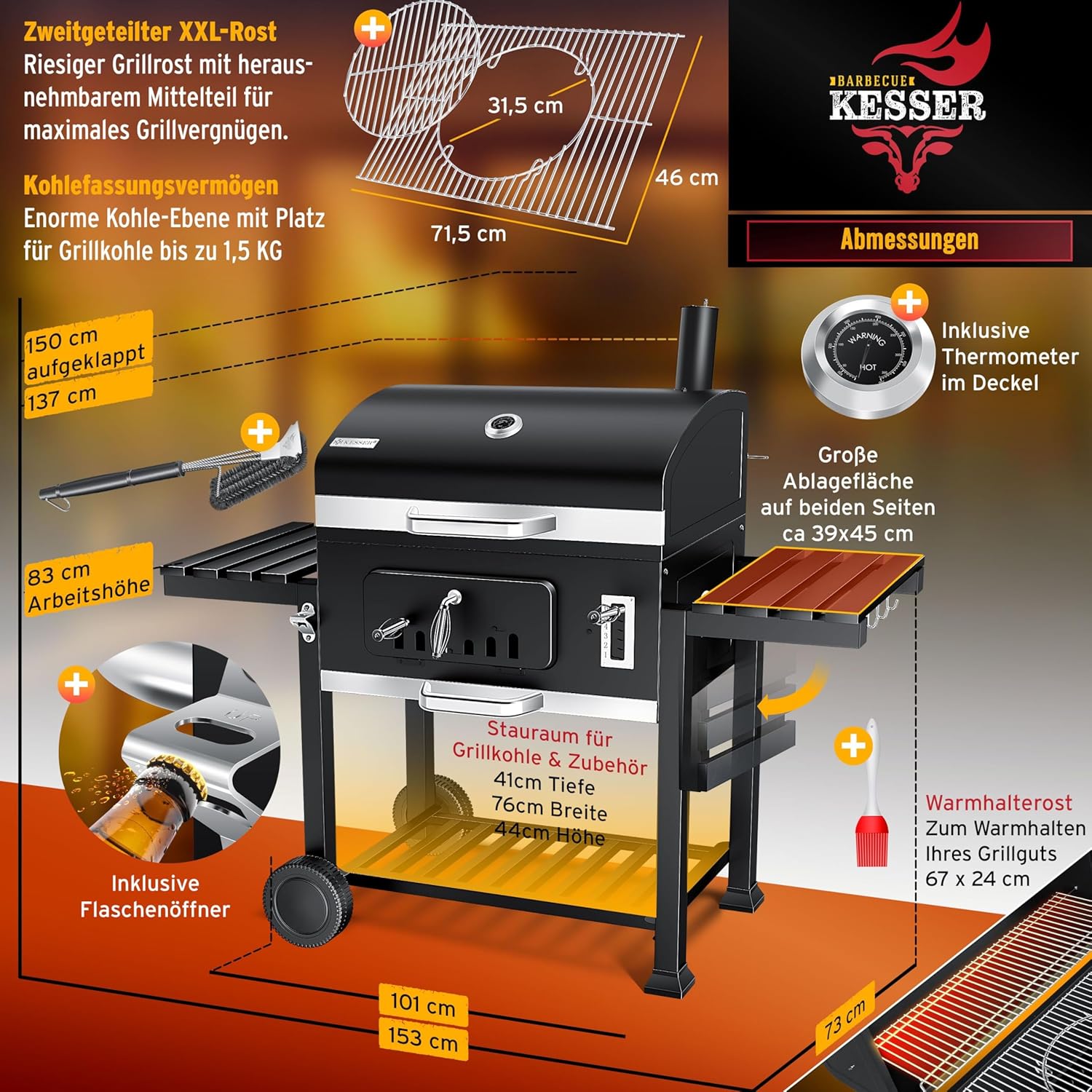 Detalle de KESSER® Holzkohlegrill XXL Grillwagen Set mit Deckel & Thermometer – flexibler Grillwagen mit Smoker-Funktion
