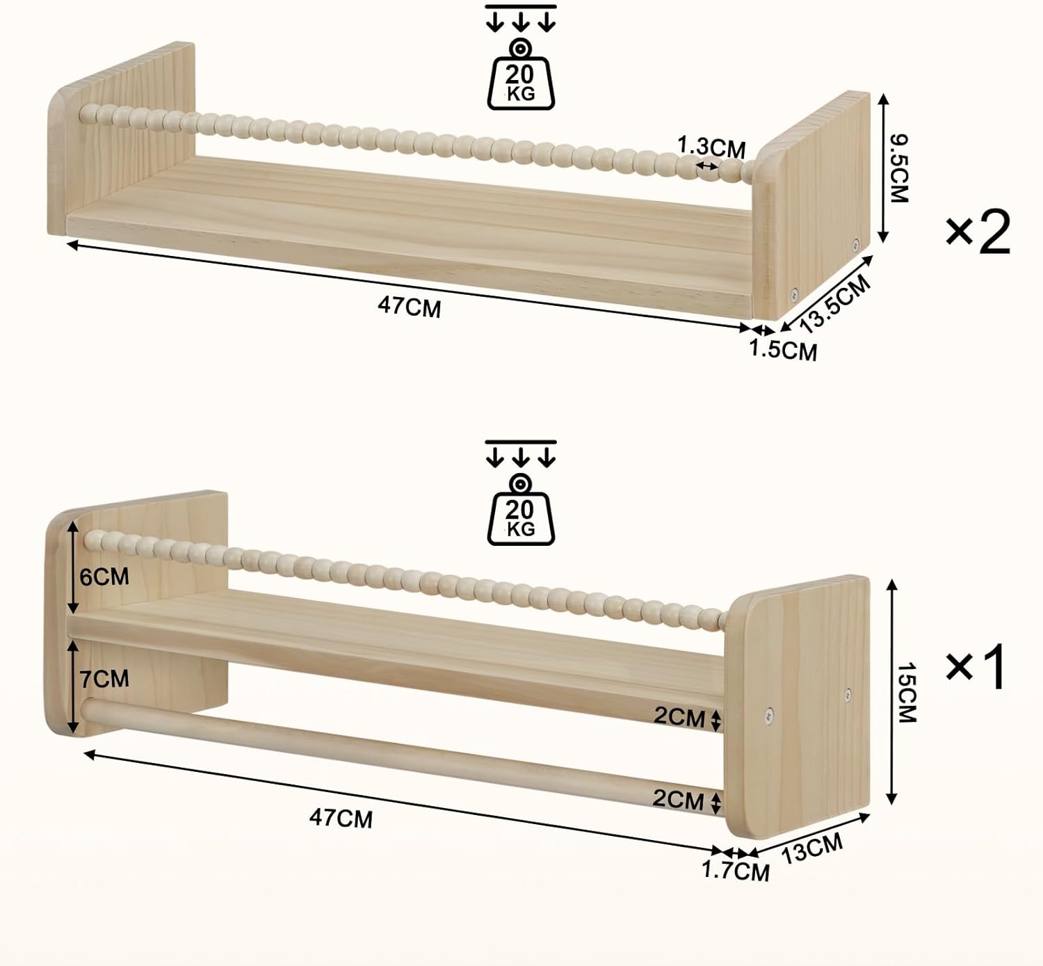 Thumbnail 2 de WOLTU set di 3 librerie da parete per bambini in legno massello, 50 cm