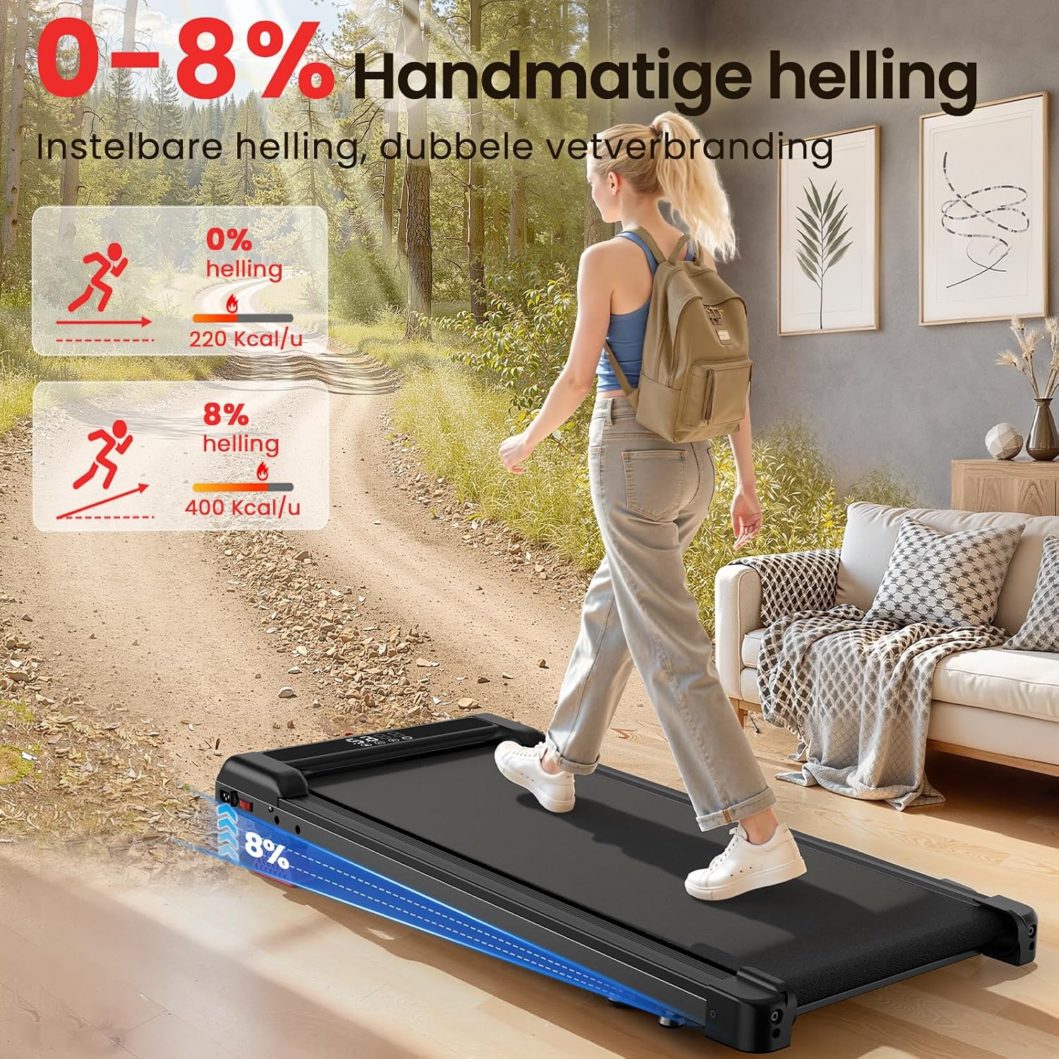 Detalle 2 de HOMEFITNESSCODE Y2 loopband voor thuis met 8% helling en LED-display