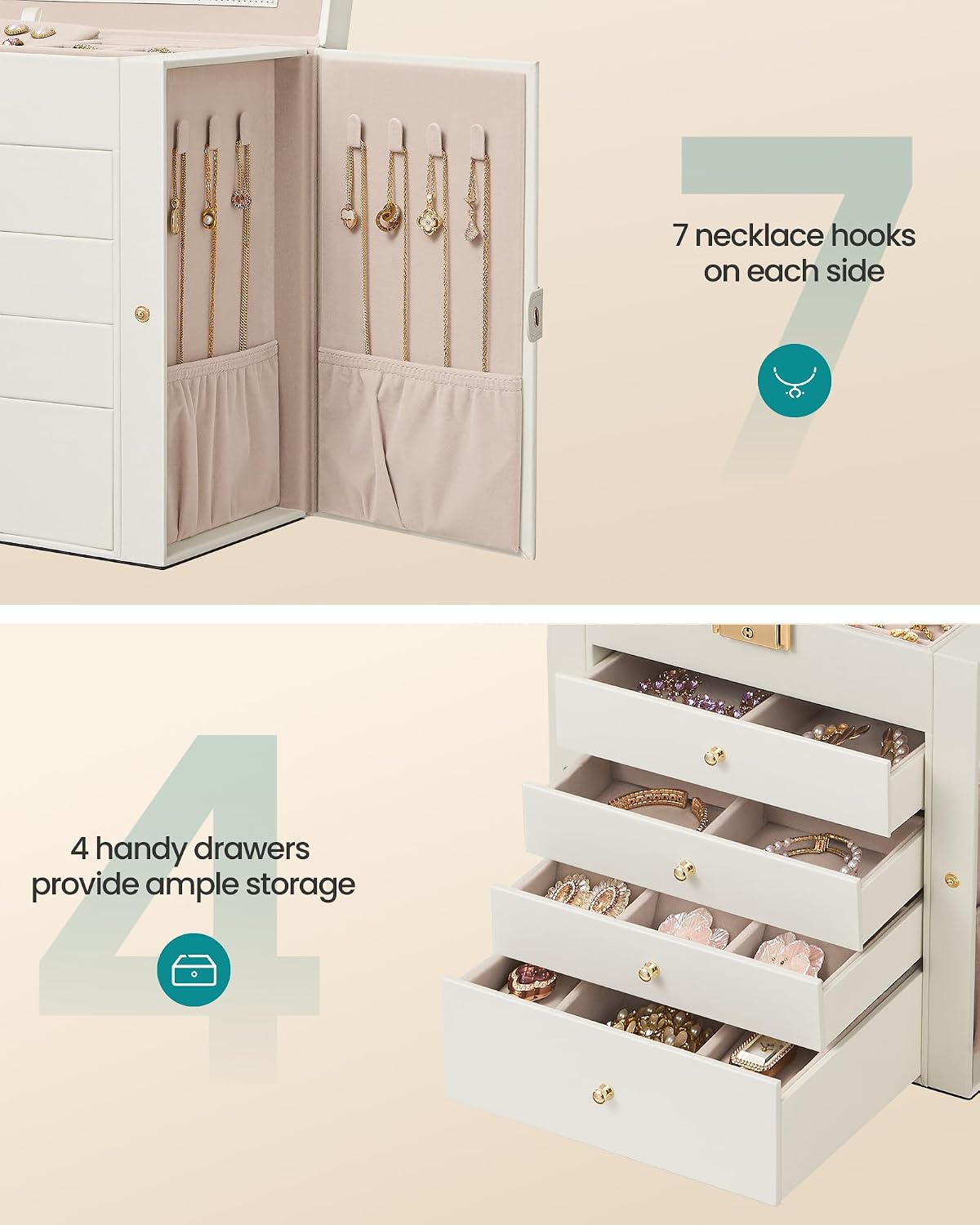 Detalle 2 de SONGMICS Jewellery Box 5 Layers Lockable Organiser with Mirror, Cream White (JBC153WD03)