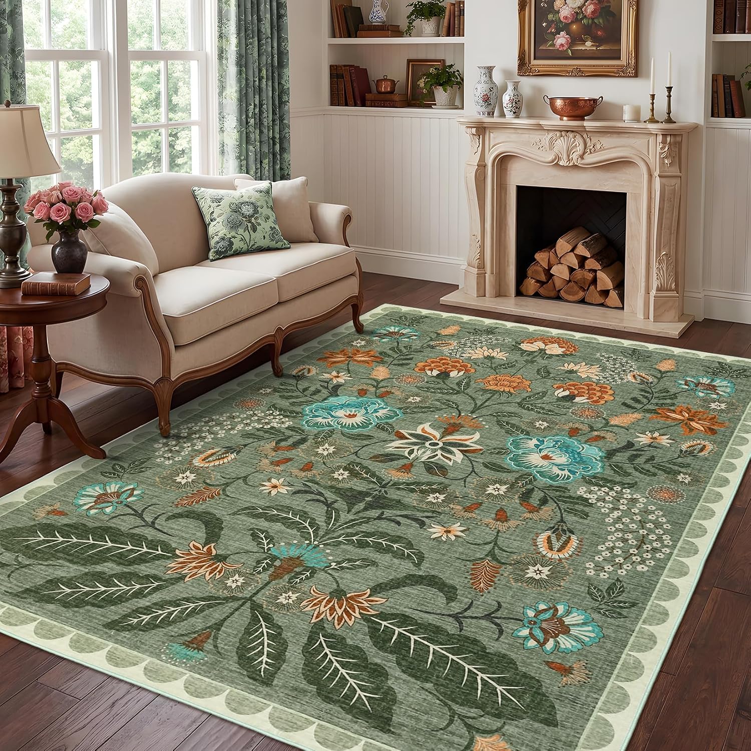 Detalle de Garvee 8' x 10' Sage Green Washable Low-Pile Floral Area Rug