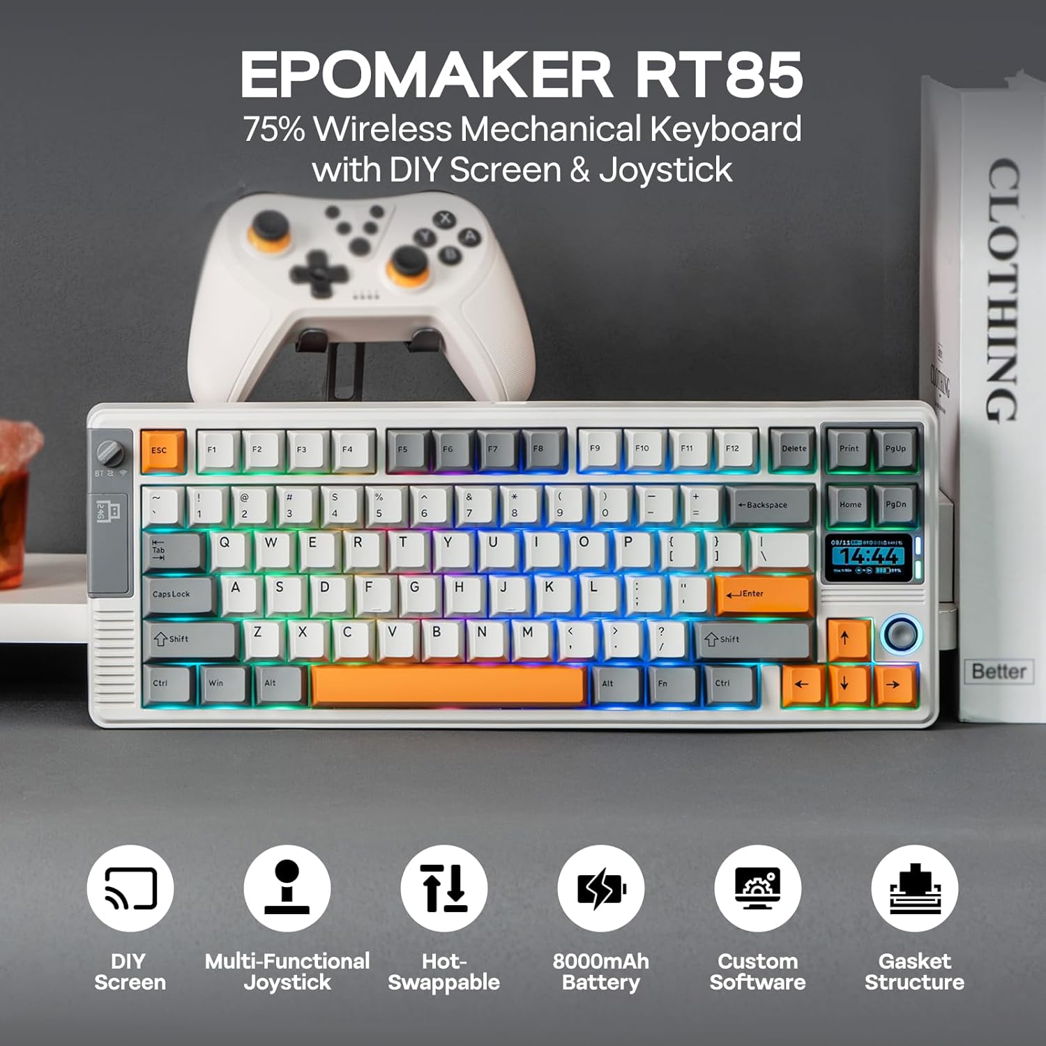 Thumbnail 1 de EPOMAKER RT85 Wireless Mechanical Keyboard with Joystick & DIY Screen (75% Gaming) — Retro White / Creamy Jade
