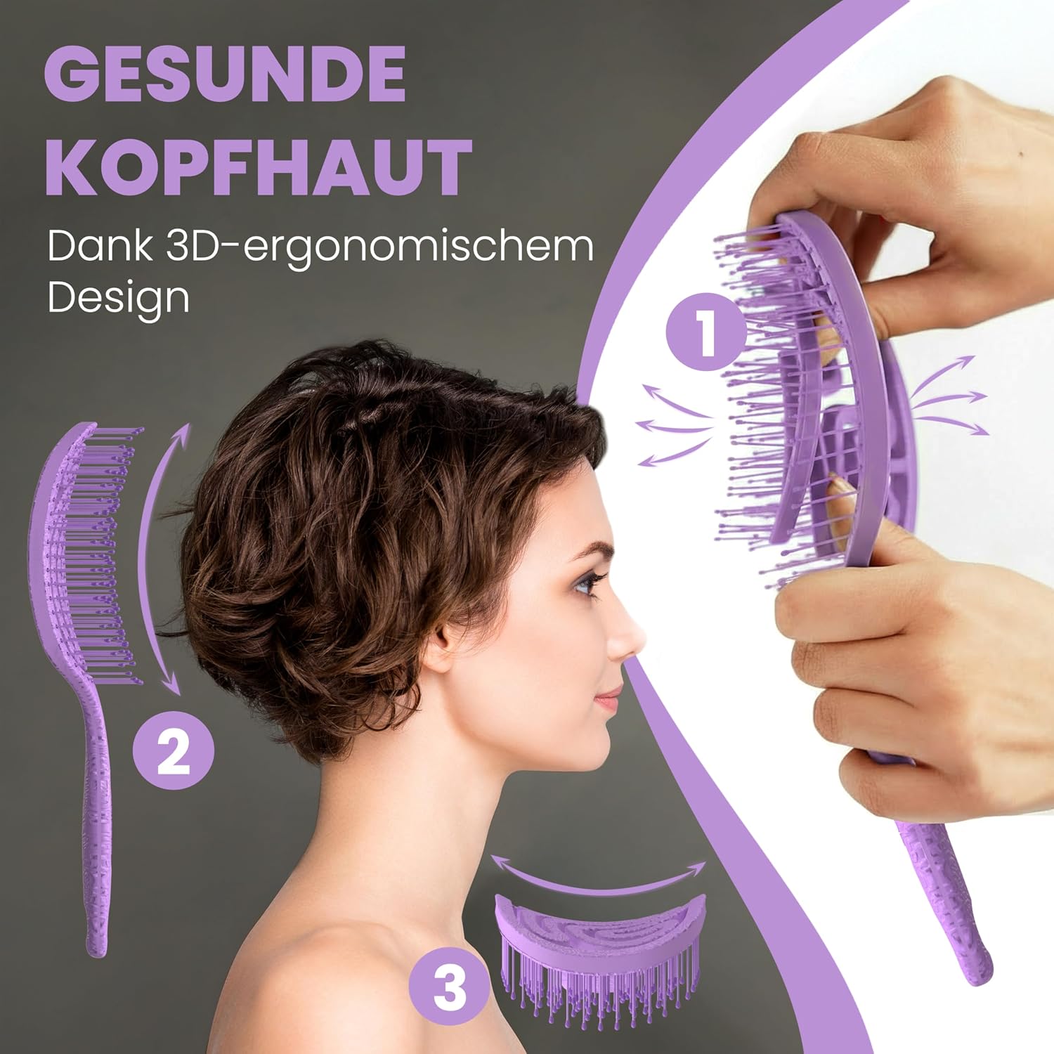 Detalle de Walcora Haarbürste ohne Ziepen – Entwirrbürste & Detangler in Violett (für Damen, Herren & Kinder)
