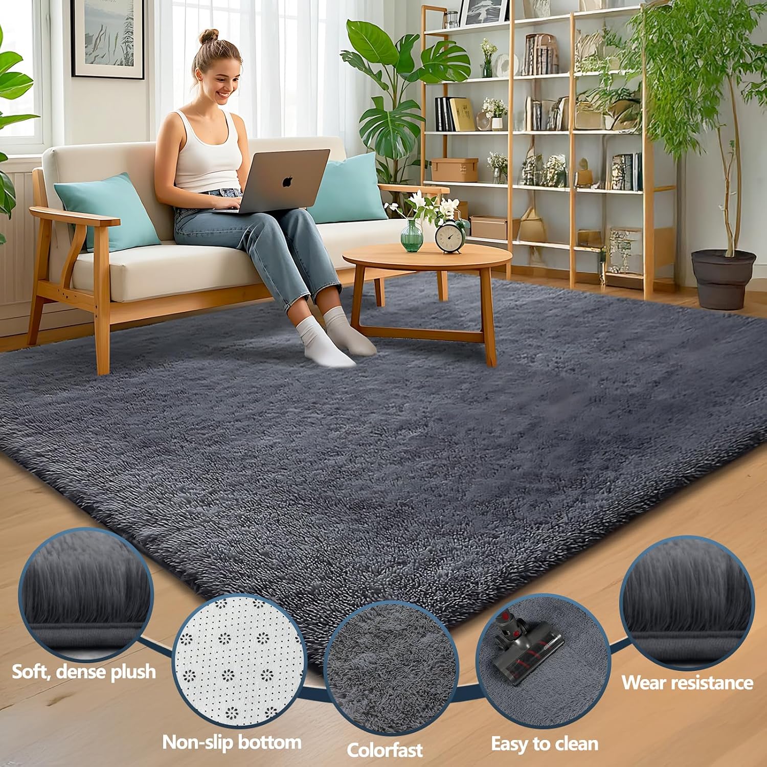 Detalle 2 de LNZHAO 160x230cm soft fluffy shaggy rug with non-slip backing (washable, faux fur look)