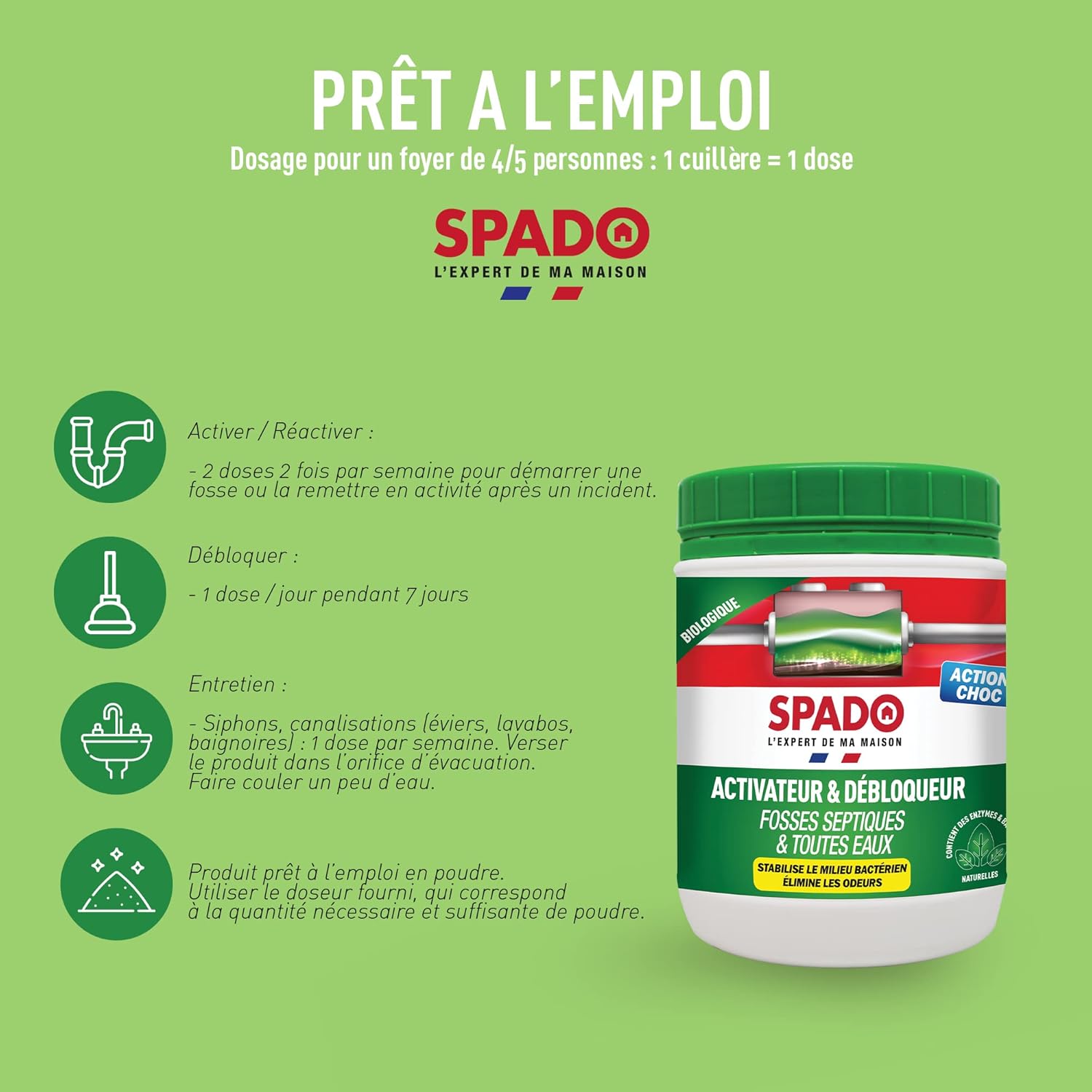 Thumbnail 3 de SPADO Activateur & débloqueur fosses septiques & toutes eaux – 500 g, poudre biologique fabriquée en France