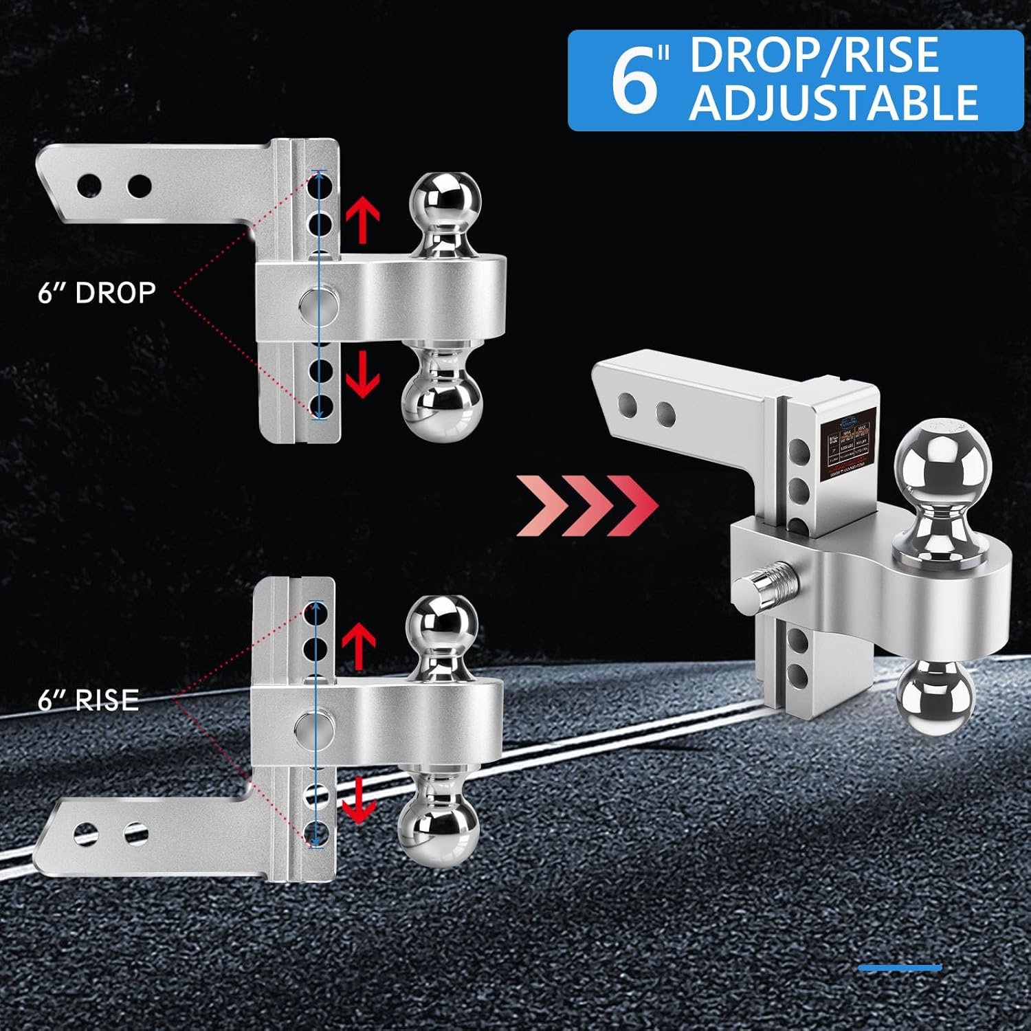 Thumbnail 2 de Tlvuvmo Adjustable Trailer Hitch 6-Inch Drop Hitch Ball Mount (2-Inch Receiver, Dual-Ball 12,500 LBS GTW)