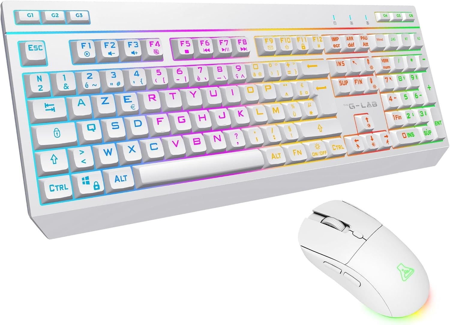 Detalle de The G-Lab Combo Tungsten EX : pack clavier souris Triple Connexion (2,4 GHz / Bluetooth / filaire) AZERTY FR RGB & macros + souris 6400 DPI (blanc)