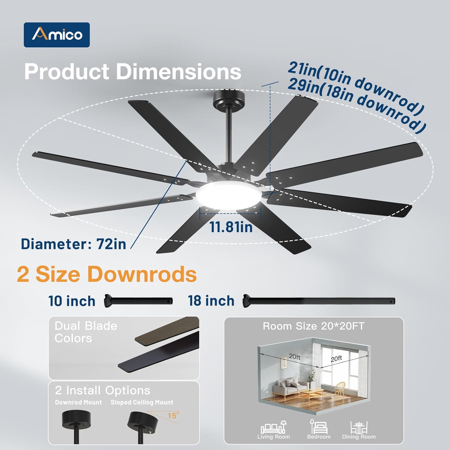 Thumbnail 4 de 72 inch Amico Ceiling Fan with Light