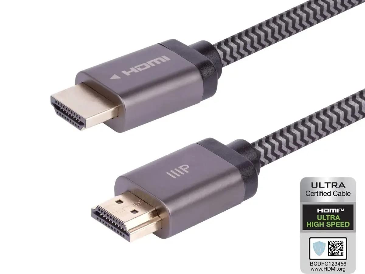 Detalle 2 de Monoprice 8K Certified Ultra High Speed HDMI 2.1 Cable (Braided) — 48Gbps, 8K@60Hz, 4K@120Hz, HDR, eARC, CL2 In-Wall Rated, 25ft (Black)