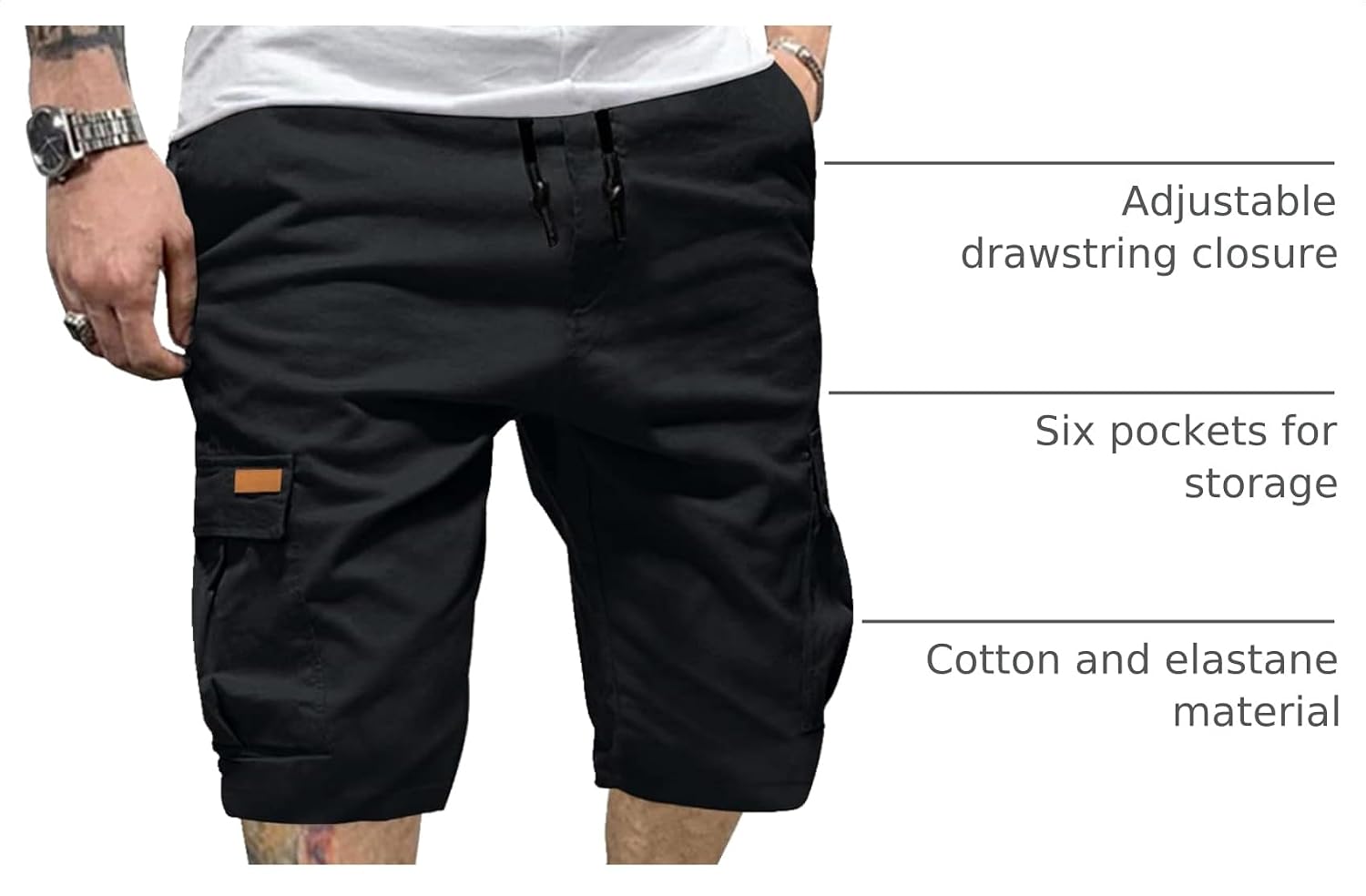 Detalle de JMIERR Mens Casual Cargo Shorts: Classic Cotton Twill, 6 Pockets, Drawstring Comfort