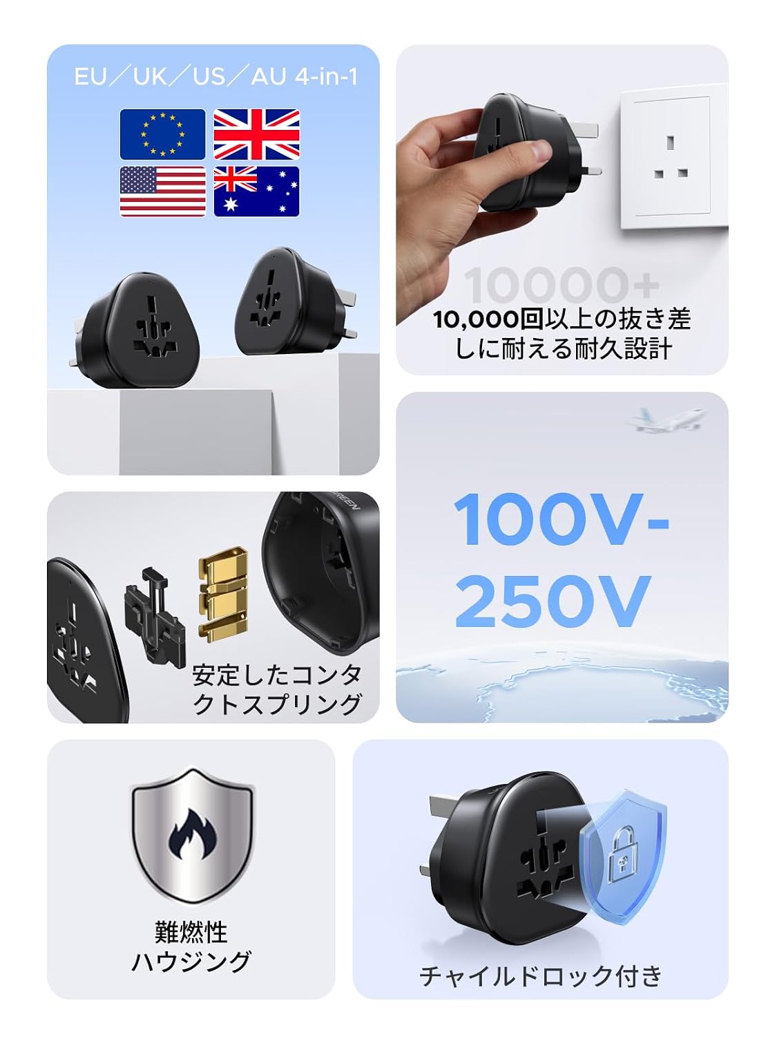 Detalle de UGREEN BFタイプ海外変換プラグ A/B/C/G/I対応・AC差込口1口・コンパクト設計