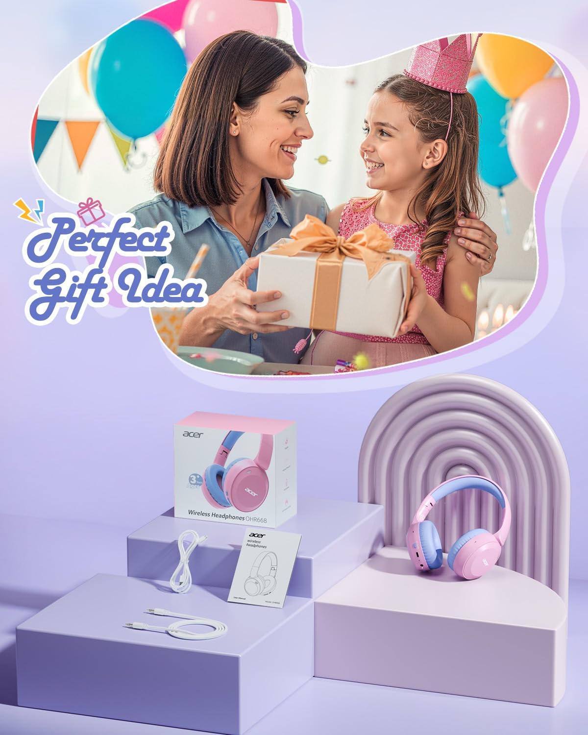 Thumbnail 4 de Acer OHR668(PV) Kids Bluetooth Headphones, Foldable, 85/94 dB Limiter
