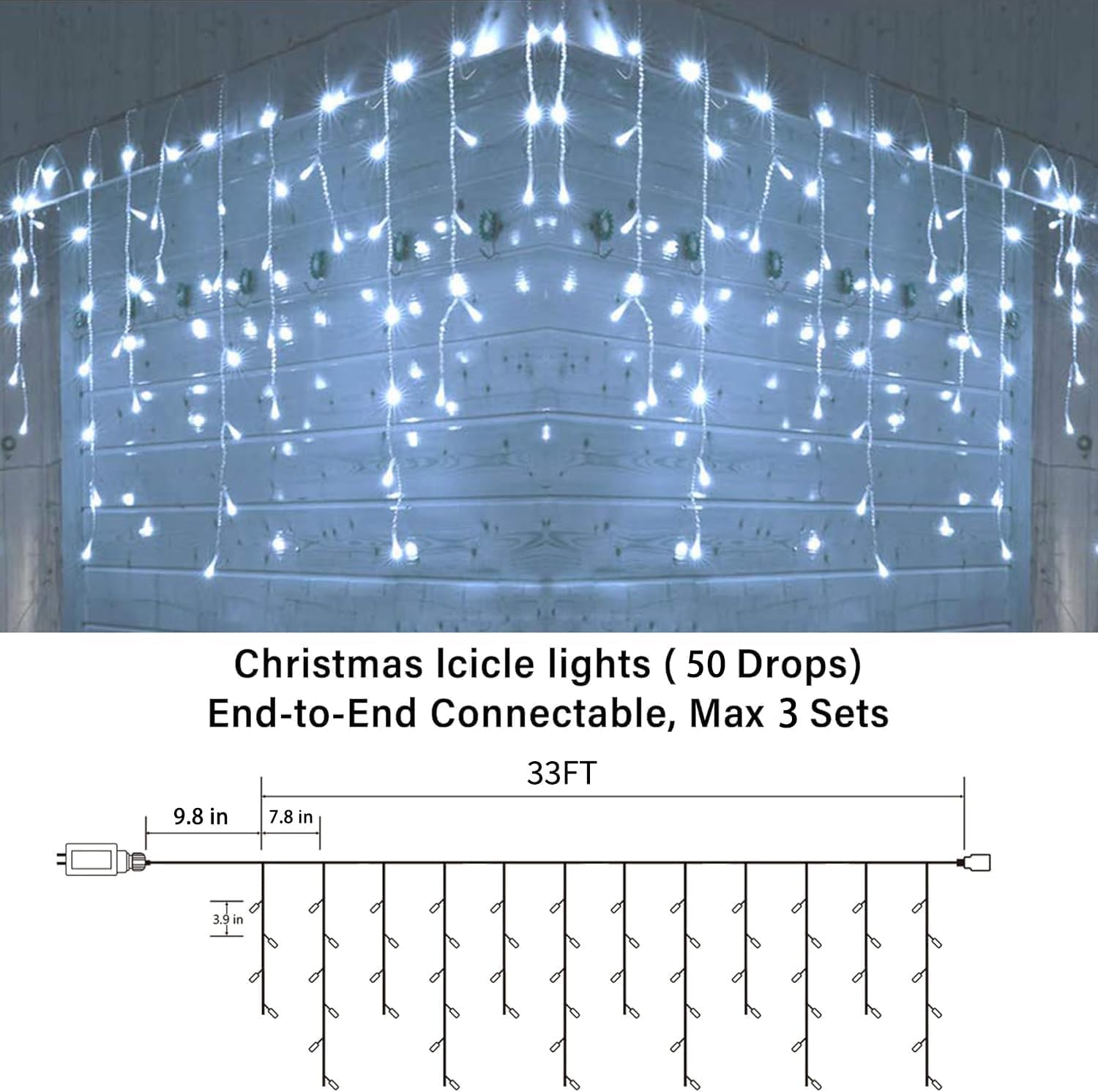 Detalle de Joomer SSL0200-I-24V 33 ft White LED Icicle Lights, 50 Drops, 8 Modes