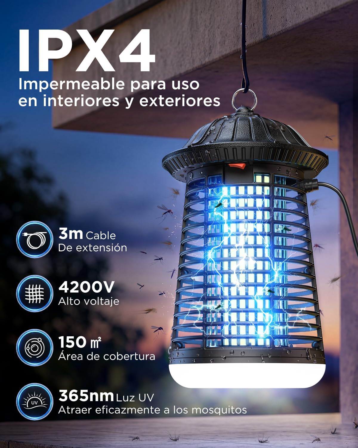 Detalle de Lámpara Antimosquitos VIWAVE con LED y 4200 V: uso interior y exterior