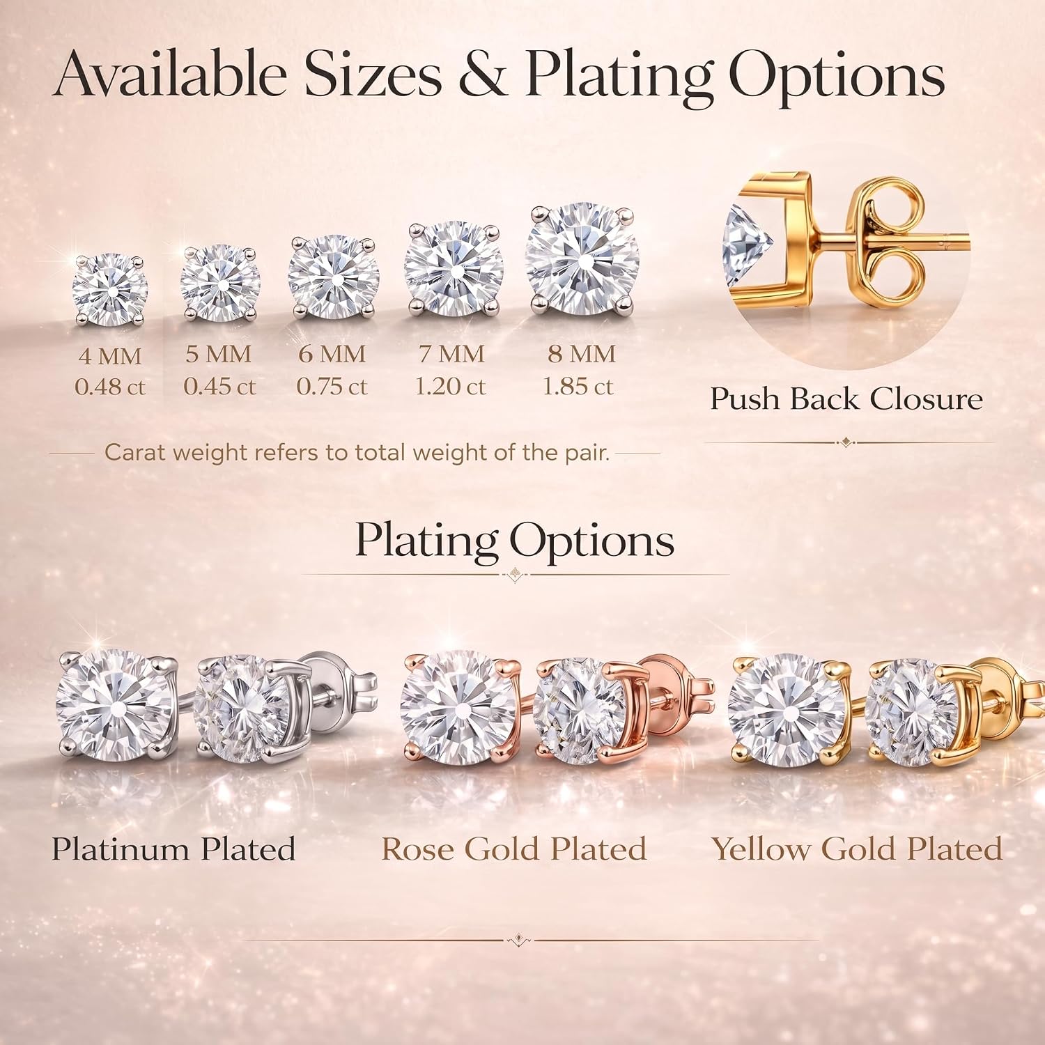 Detalle de TJC Moissanite Solitaire Stud Earrings – 7mm Lab-Created Diamond, 925 Sterling Silver with Gold Plating