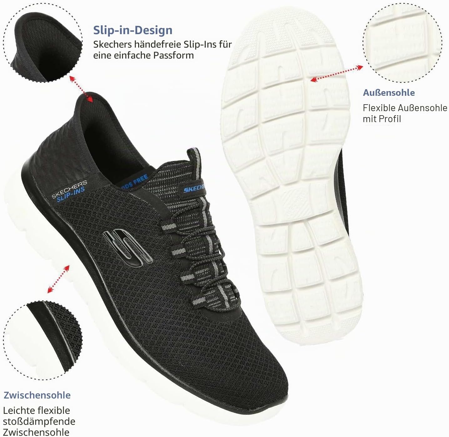 Detalle de Skechers Herren Summits High Range Slip-In Turnschuhe – Schwarz Mesh/Weiß, Größe 46 EU