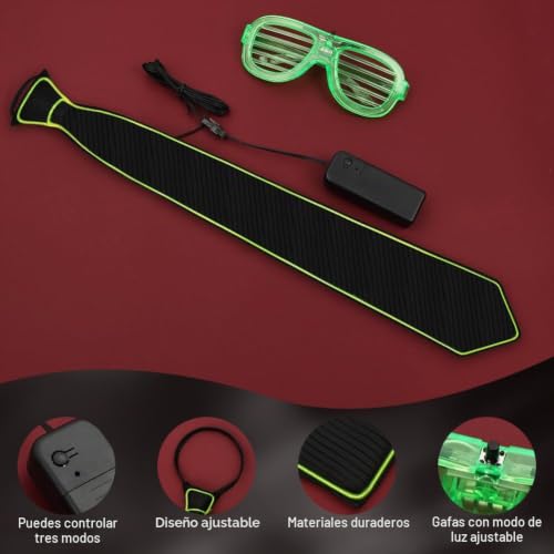 Detalle de Alaoo Gafas LED Luminosas y Conjunto de Corbata y Pajarita Luminosas – Verdes