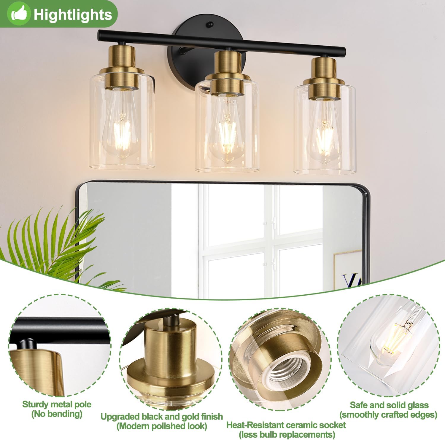 Detalle de Zarbitta Gf-sxbv-49 3-Light Vanity Wall Sconce, Black and Gold