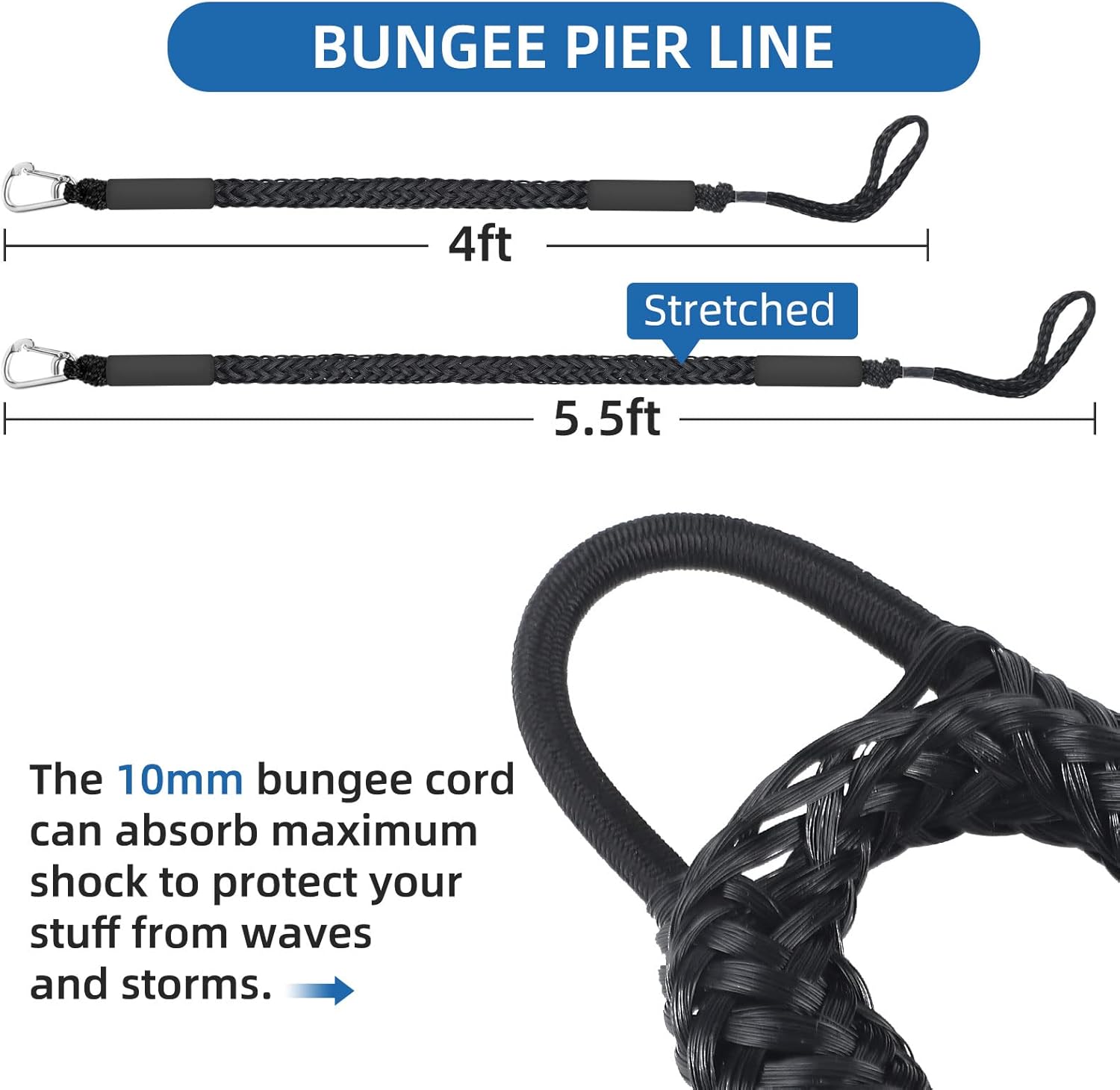 Thumbnail 1 de Bungee Dock Lines for Boats (4 ft, 2-Pack) with Shock Absorption and 316 Stainless Clips