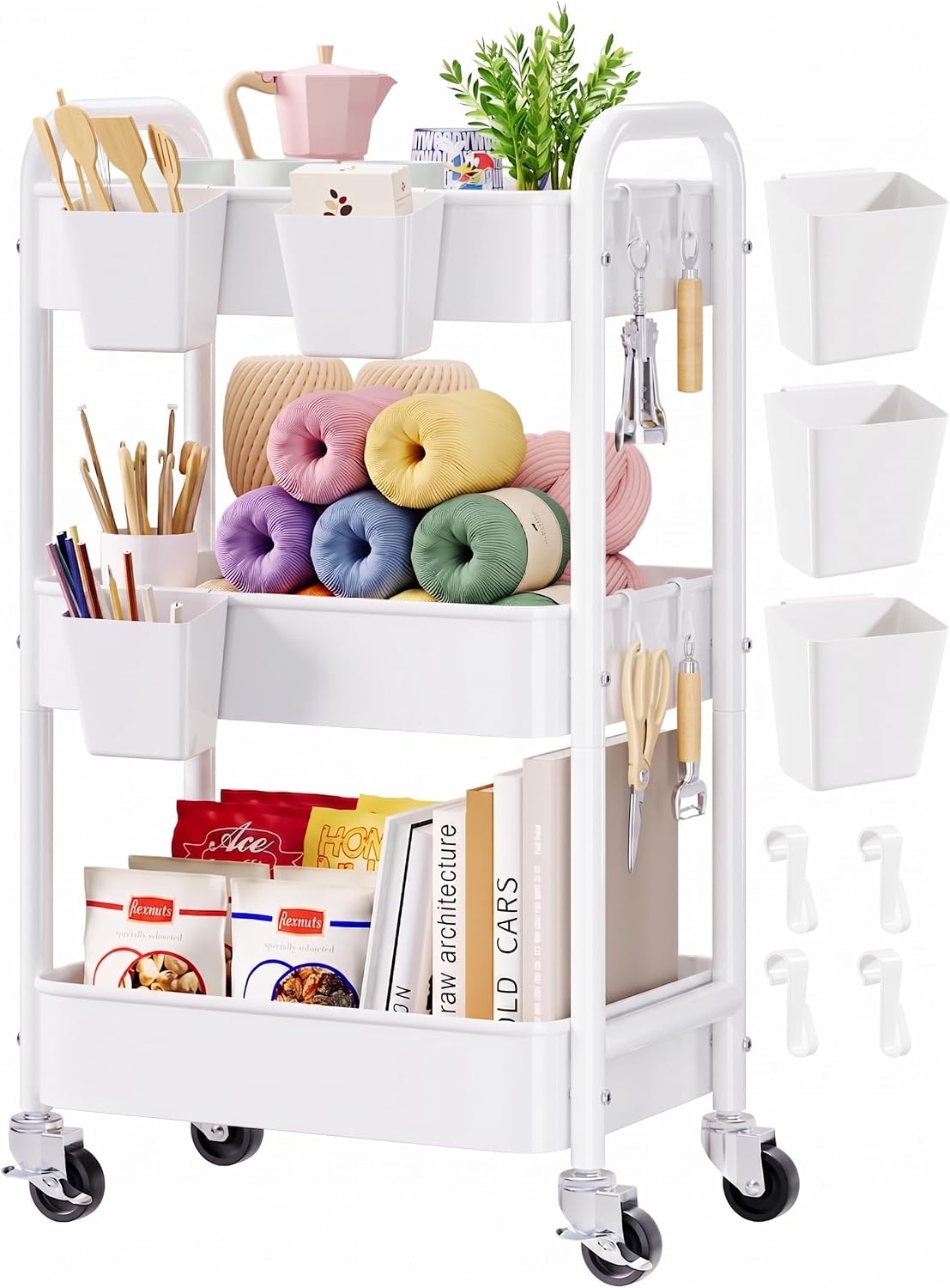 Detalle de Aofure 3-Tier Rolling Cart, White Metal Organizer with Locking Wheels