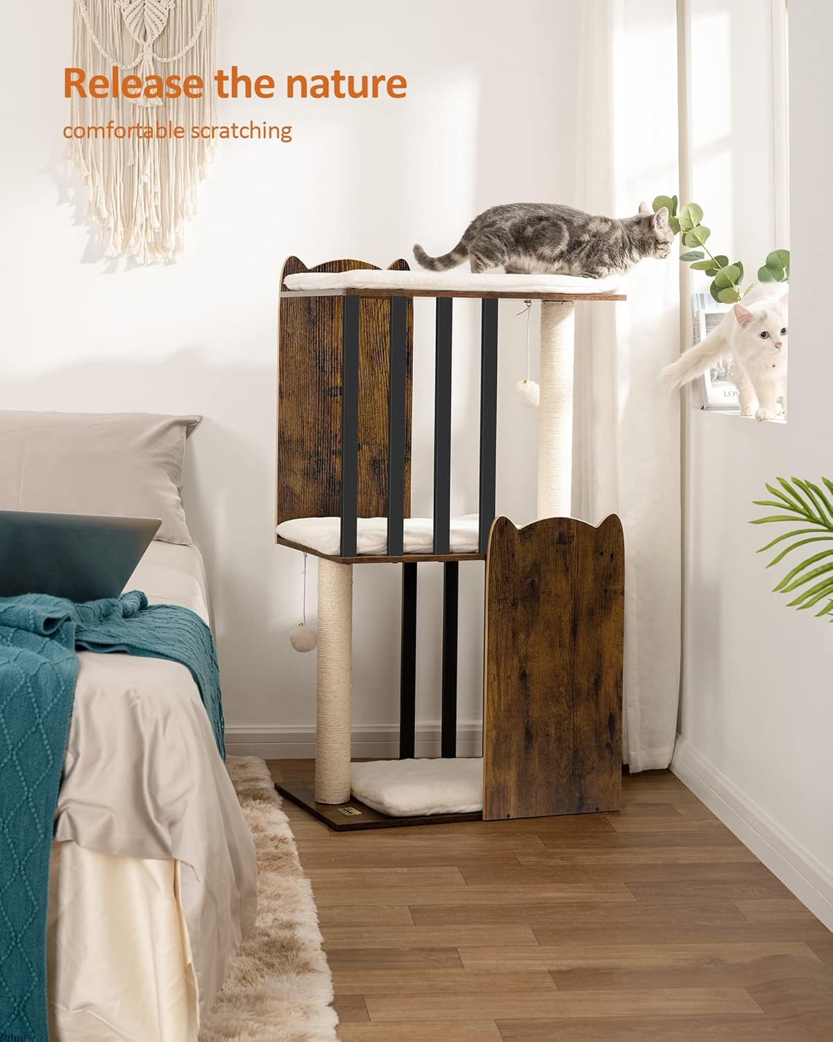 Thumbnail 2 de FourFurPets 3-stufiger Kratzbaum (111 cm) mit 2 Voll-Sisal-Kratzsäulen, 3 Plattformen – Vintagebraun