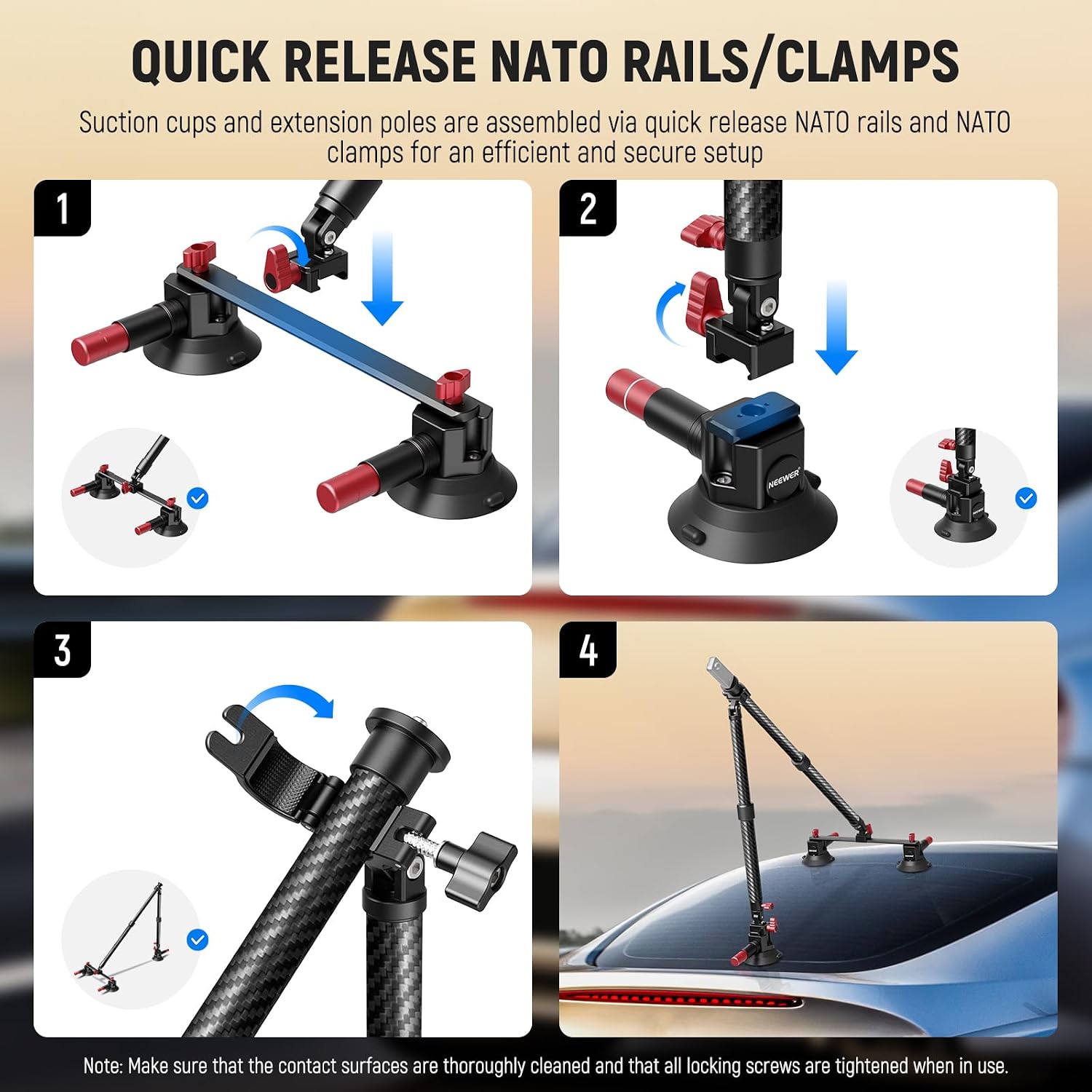 Thumbnail 4 de NEEWER Autohalterung-Set mit drei Saugnäpfen (Kohlefaser, NATO-Schiene & 60-cm-Verlängerung) für Action-Cams bis 1 kg