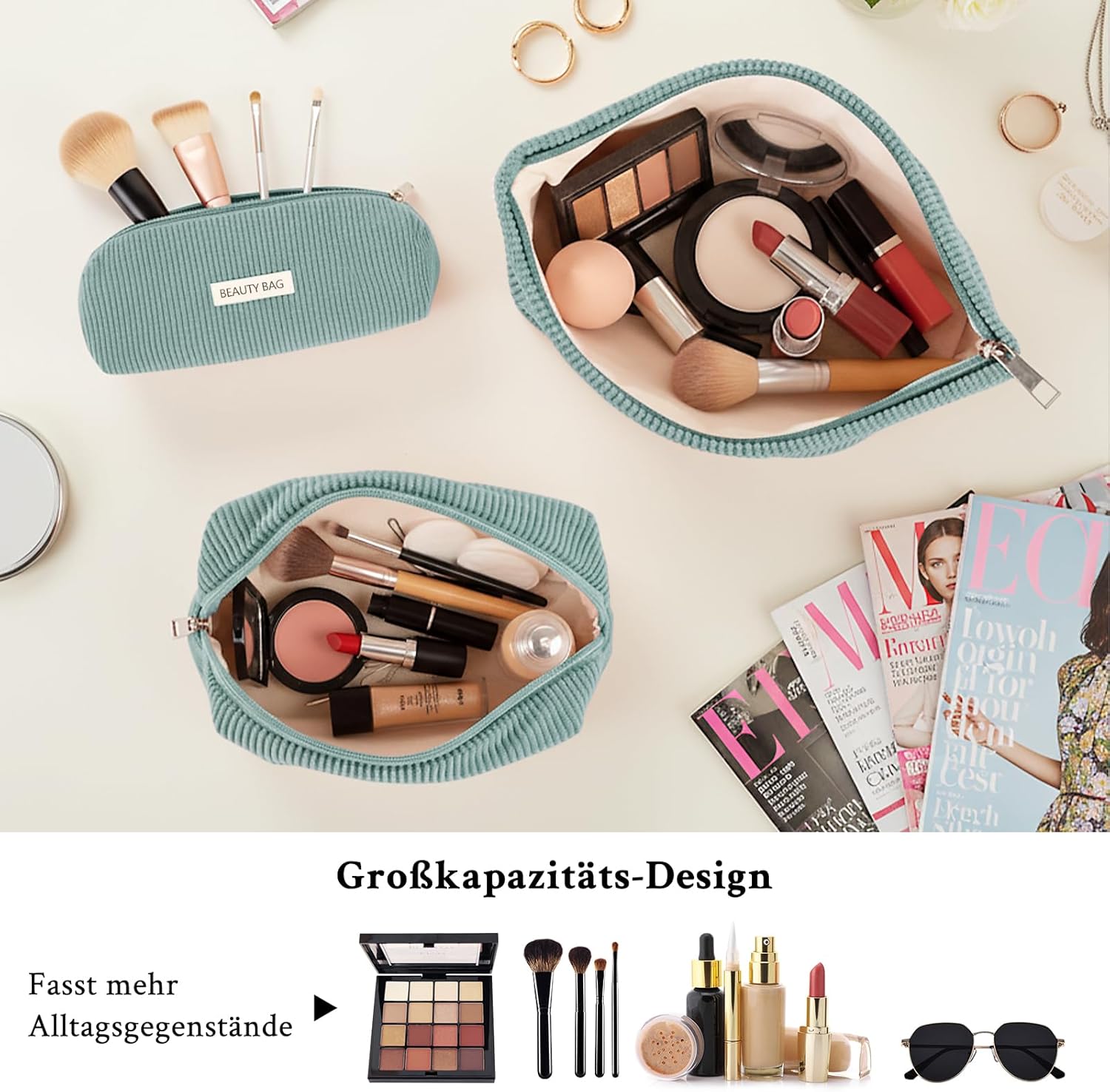 Detalle de Kosmetiktasche Damen 3 Stück – Kulturtasche mit Reißverschluss, grün, 3 Größen (Klein, Mittel, Groß) für Reisen und Alltag